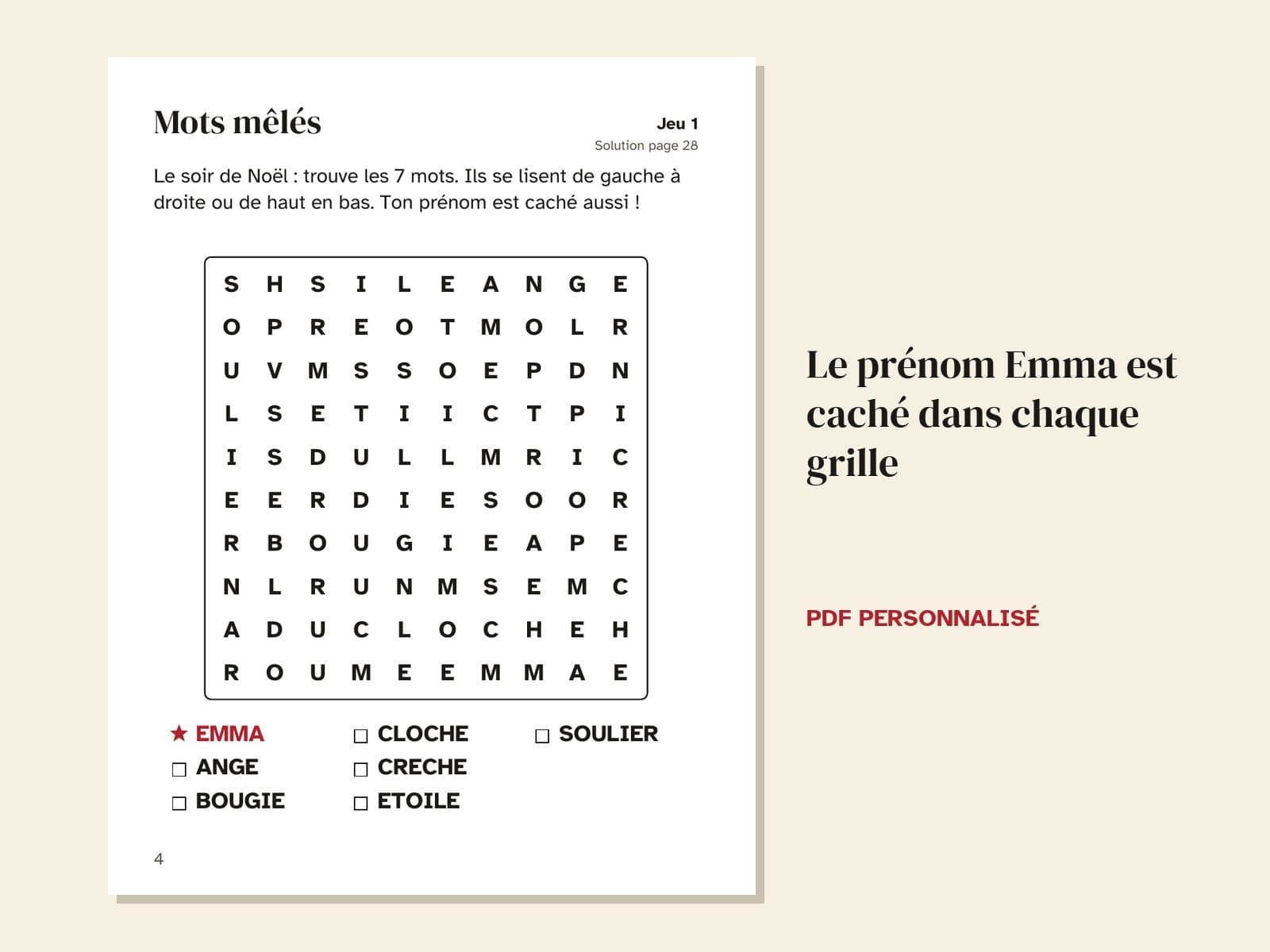 Une page de l'exemple : le prénom Emma est caché dans chaque grille