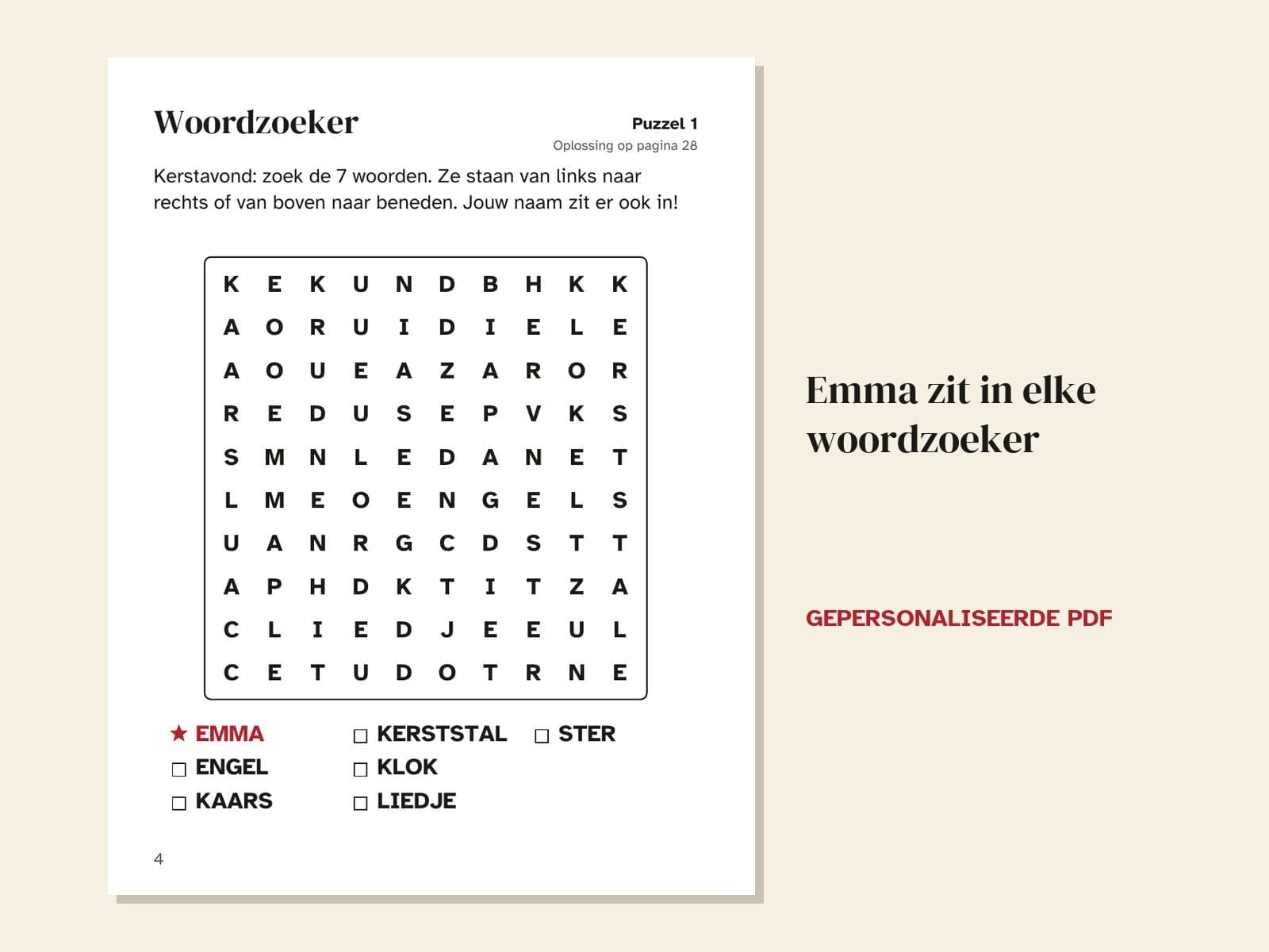 A page from the sample: Emma is hidden in every word search