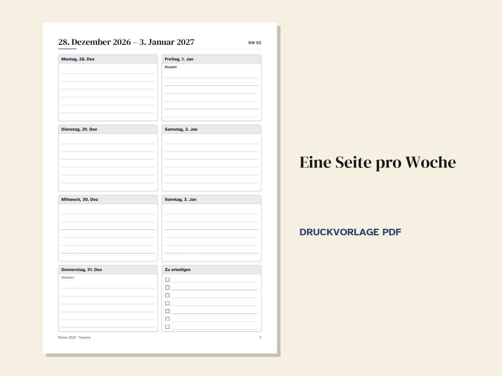 Eine Seite aus der PDF-Datei: eine Seite für eine Woche