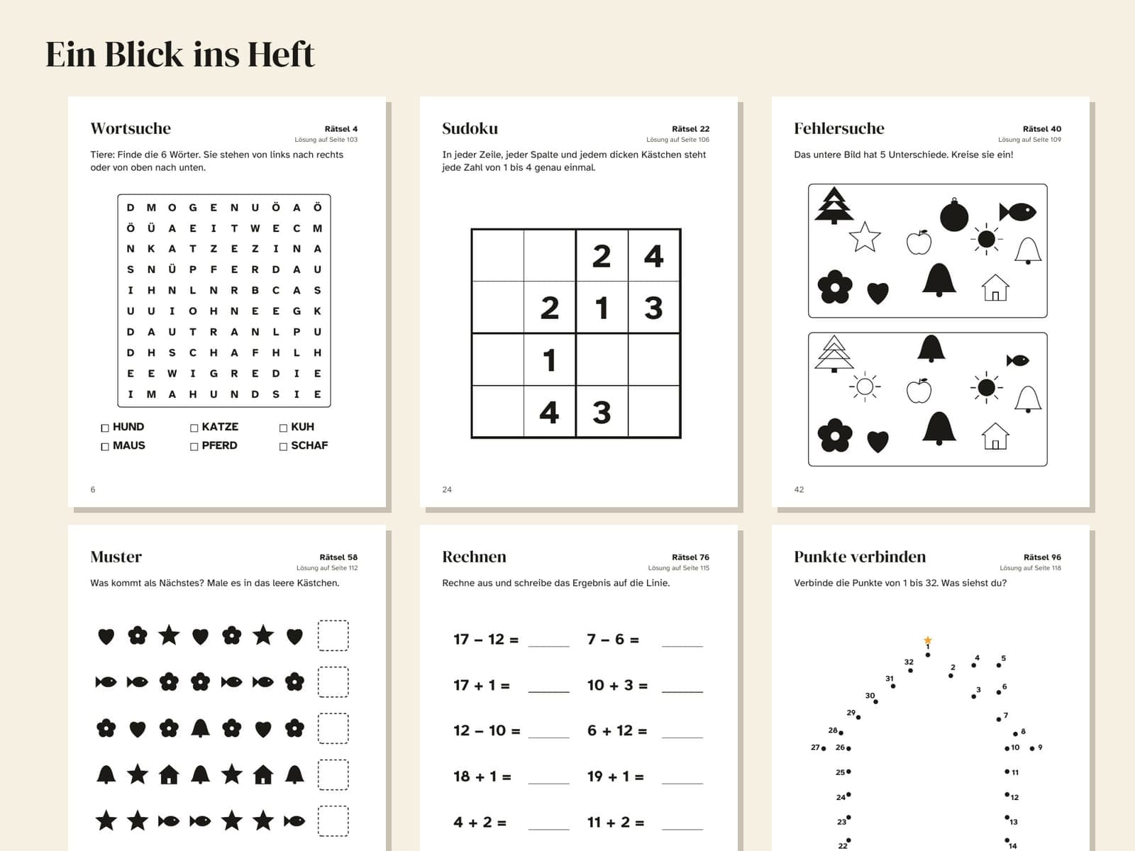 Six pages from inside the book, shown small