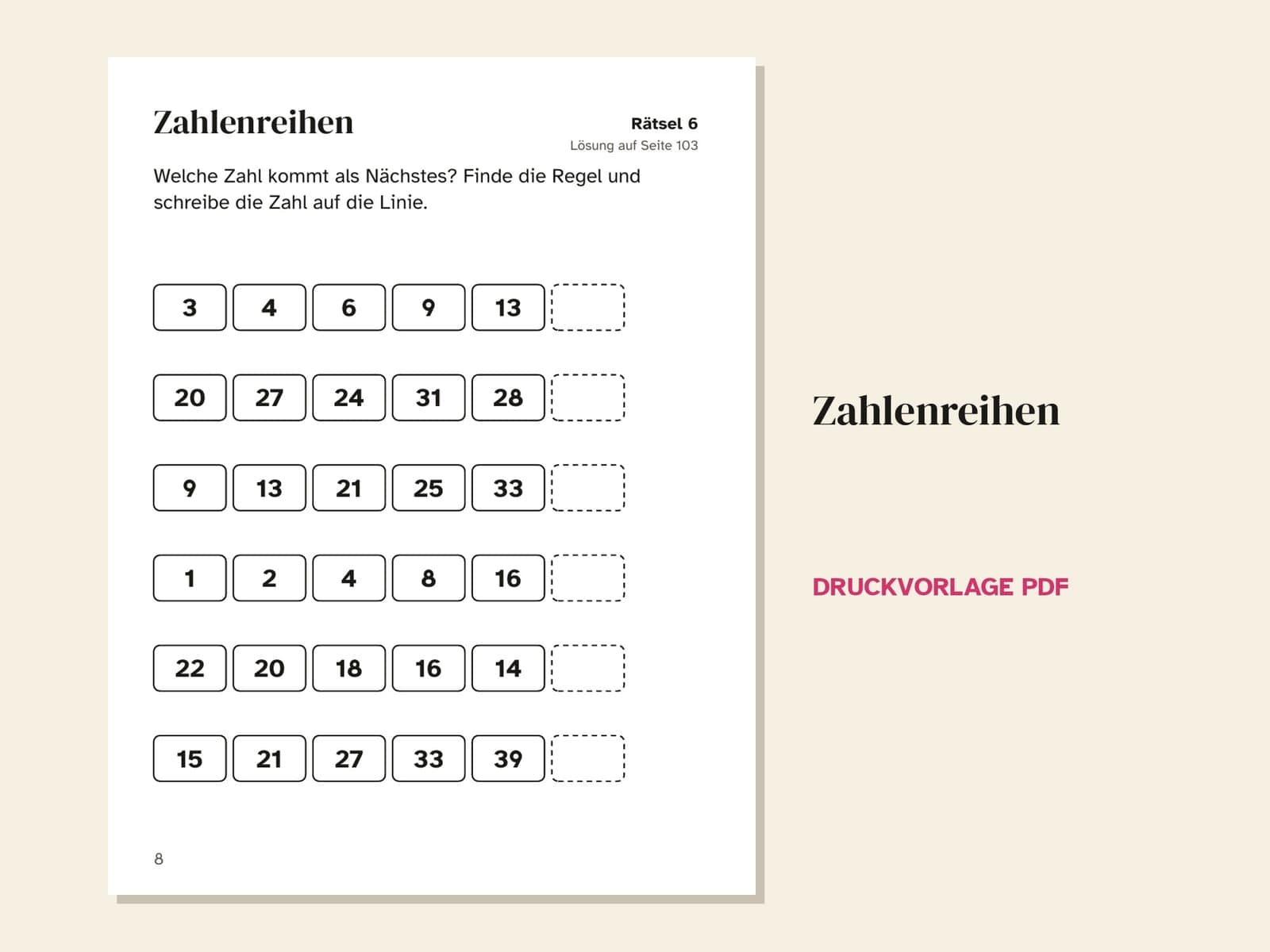 A page from the book: number sequences (Zahlenreihen)