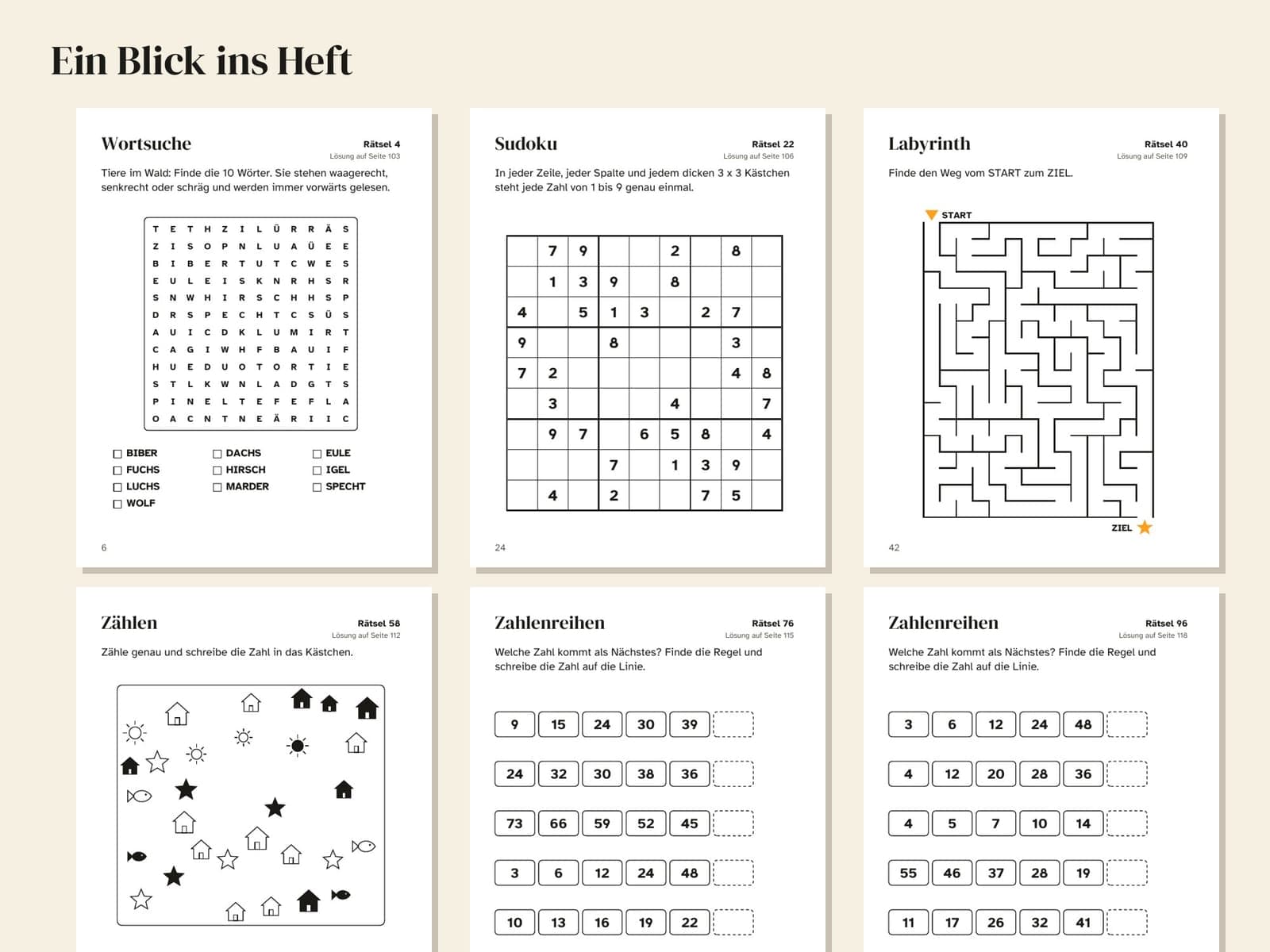 Six pages from inside the book, shown small