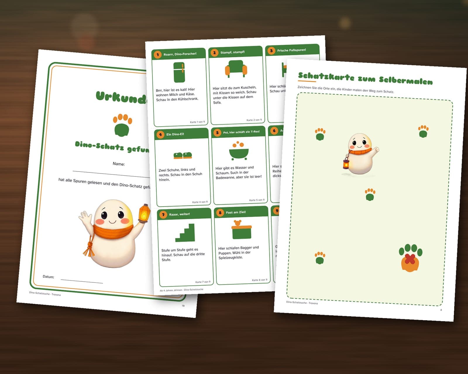 Eine Seite aus der PDF-Datei: Schatzsuche zum Kindergeburtstag, Thema Dino: 36 Hinweiskarten, Schatzkarte und Urkunde