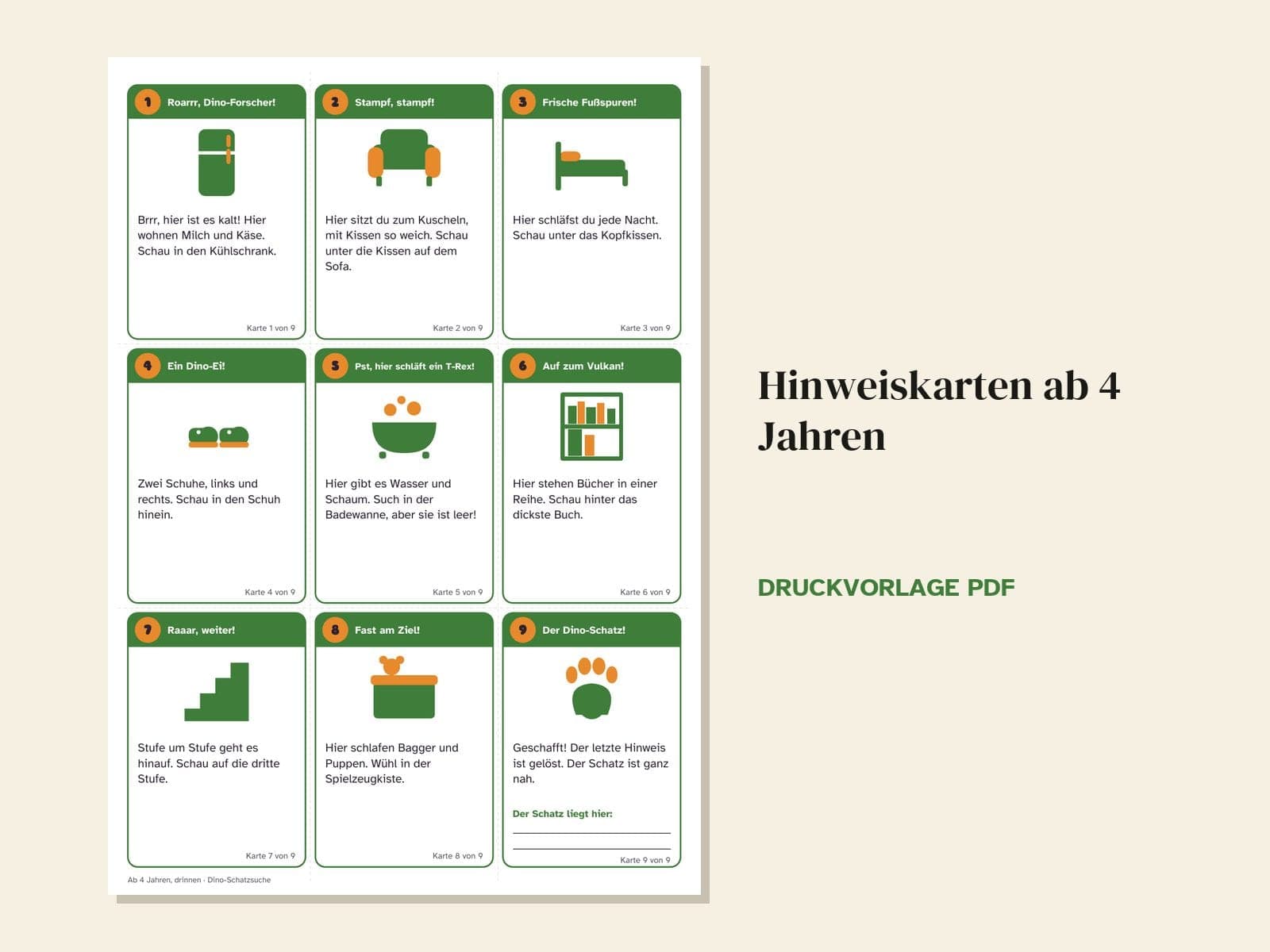 Eine Seite aus der PDF-Datei: Schatzsuche zum Kindergeburtstag, Thema Dino: 36 Hinweiskarten, Schatzkarte und Urkunde