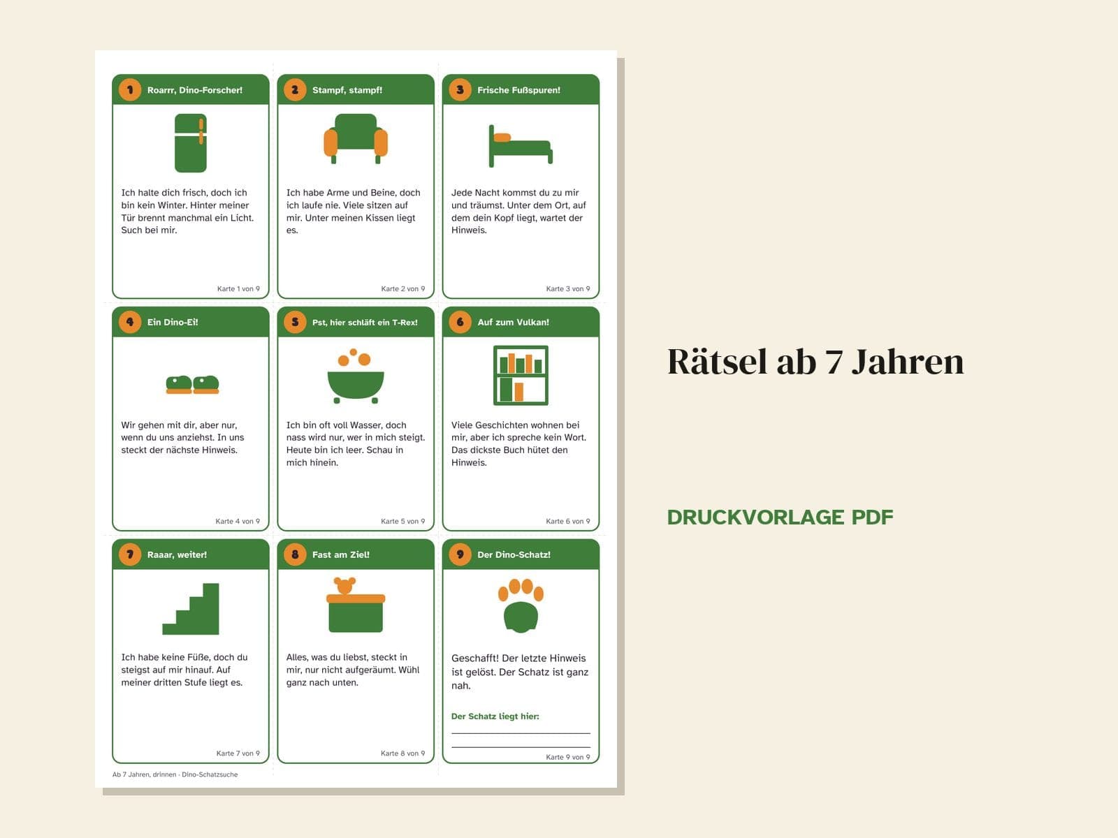 Eine Seite aus der PDF-Datei: Schatzsuche zum Kindergeburtstag, Thema Dino: 36 Hinweiskarten, Schatzkarte und Urkunde
