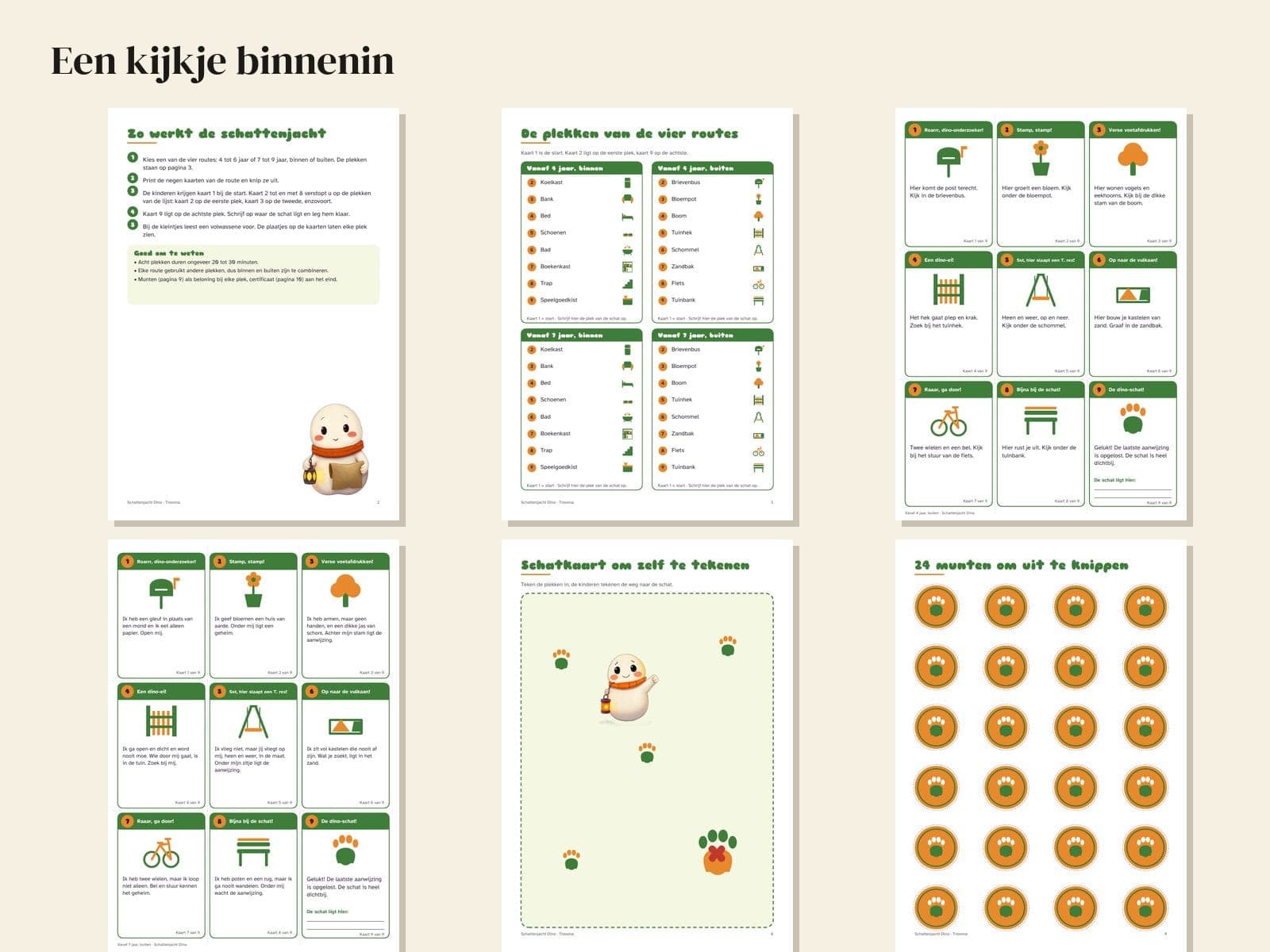 Seiten aus der PDF-Datei: Schatzsuche zum Kindergeburtstag, Thema Dino: 36 Hinweiskarten, Schatzkarte und Urkunde