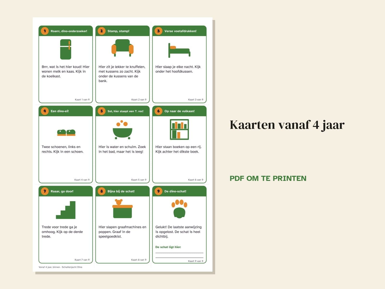 Eine Seite aus der PDF-Datei: Schatzsuche zum Kindergeburtstag, Thema Dino: 36 Hinweiskarten, Schatzkarte und Urkunde