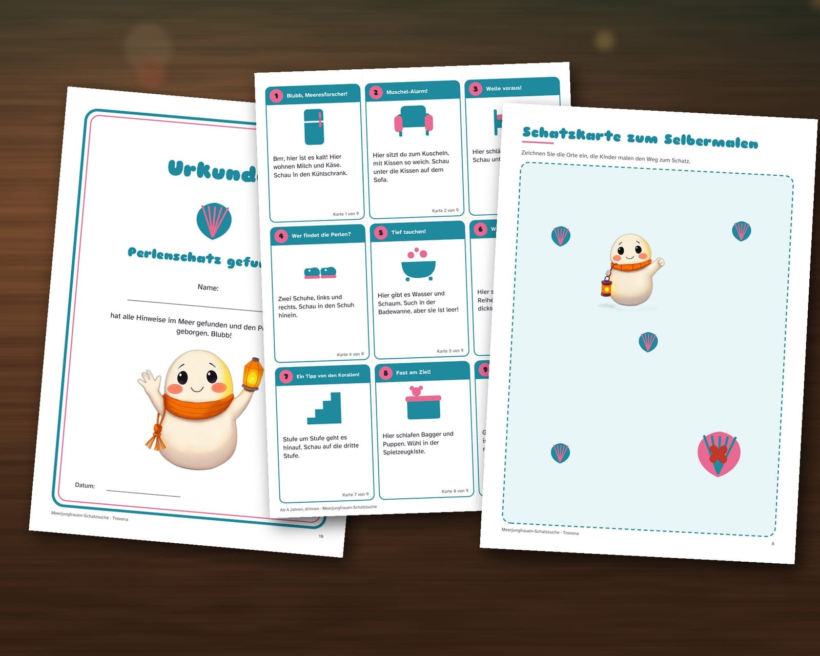 Eine Seite aus der PDF-Datei: Schatzsuche zum Kindergeburtstag, Thema Meerjungfrau: 36 Hinweiskarten, Schatzkarte und Urkunde