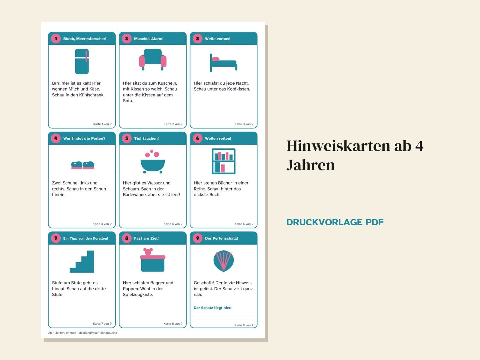 Eine Seite aus der PDF-Datei: Schatzsuche zum Kindergeburtstag, Thema Meerjungfrau: 36 Hinweiskarten, Schatzkarte und Urkunde