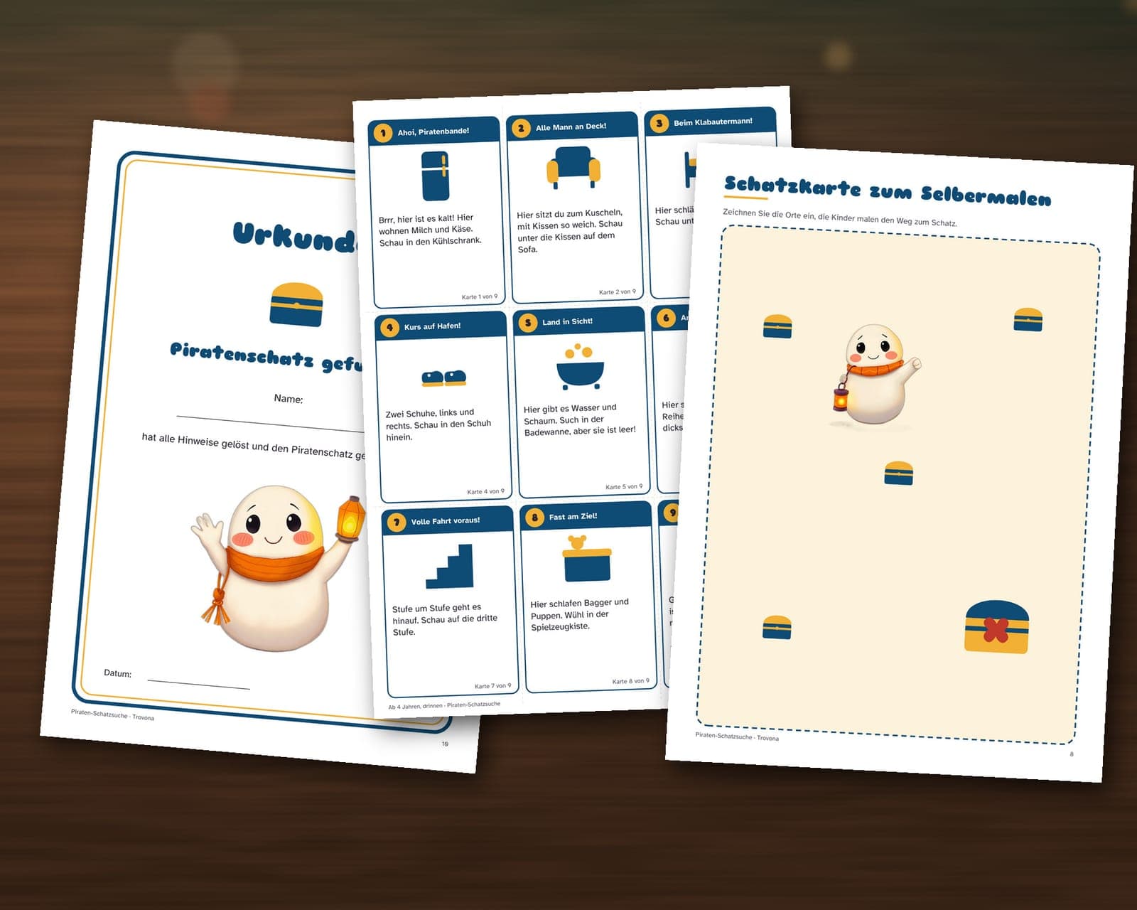 Eine Seite aus der PDF-Datei: Schatzsuche zum Kindergeburtstag, Thema Piraten: 36 Hinweiskarten, Schatzkarte und Urkunde