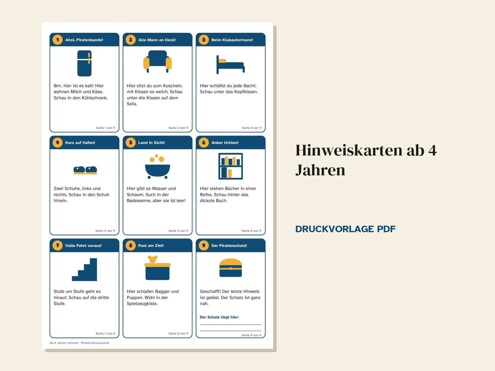 Eine Seite aus der PDF-Datei: Schatzsuche zum Kindergeburtstag, Thema Piraten: 36 Hinweiskarten, Schatzkarte und Urkunde