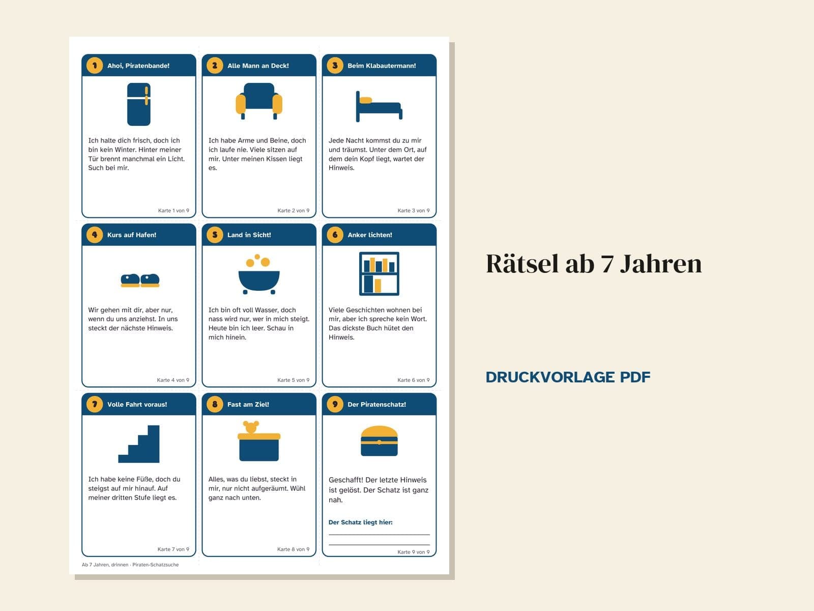 Eine Seite aus der PDF-Datei: Schatzsuche zum Kindergeburtstag, Thema Piraten: 36 Hinweiskarten, Schatzkarte und Urkunde