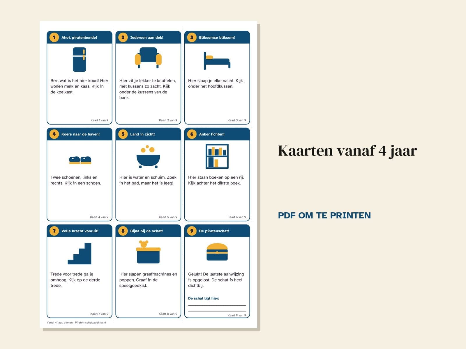 Eine Seite aus der PDF-Datei: Schatzsuche zum Kindergeburtstag, Thema Piraten: 36 Hinweiskarten, Schatzkarte und Urkunde
