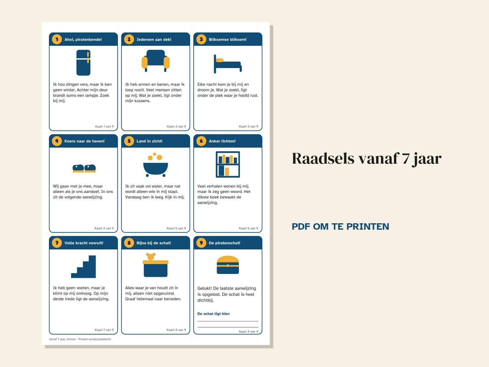 Eine Seite aus der PDF-Datei: Schatzsuche zum Kindergeburtstag, Thema Piraten: 36 Hinweiskarten, Schatzkarte und Urkunde
