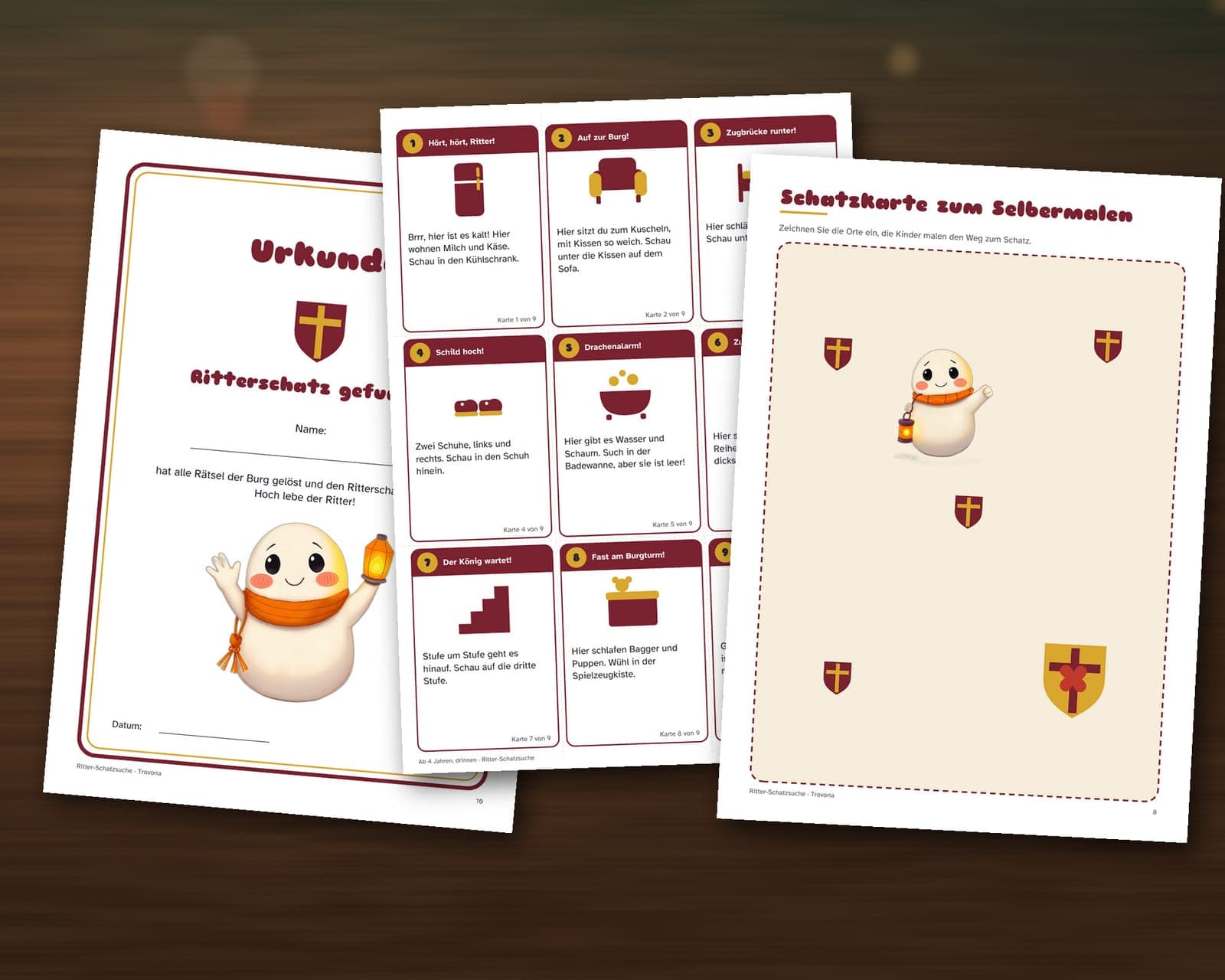 Een pagina uit de pdf: Schattenjacht voor een kinderfeestje, thema ridder: 36 aanwijzingen, schatkaart en oorkonde