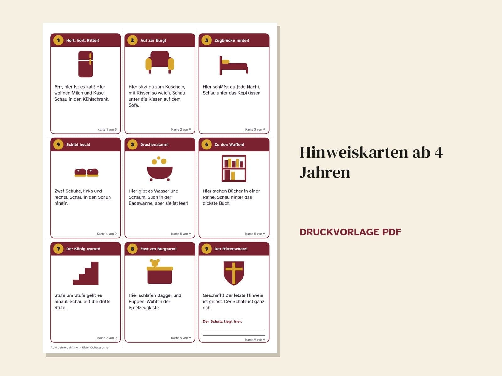 Een pagina uit de pdf: Schattenjacht voor een kinderfeestje, thema ridder: 36 aanwijzingen, schatkaart en oorkonde