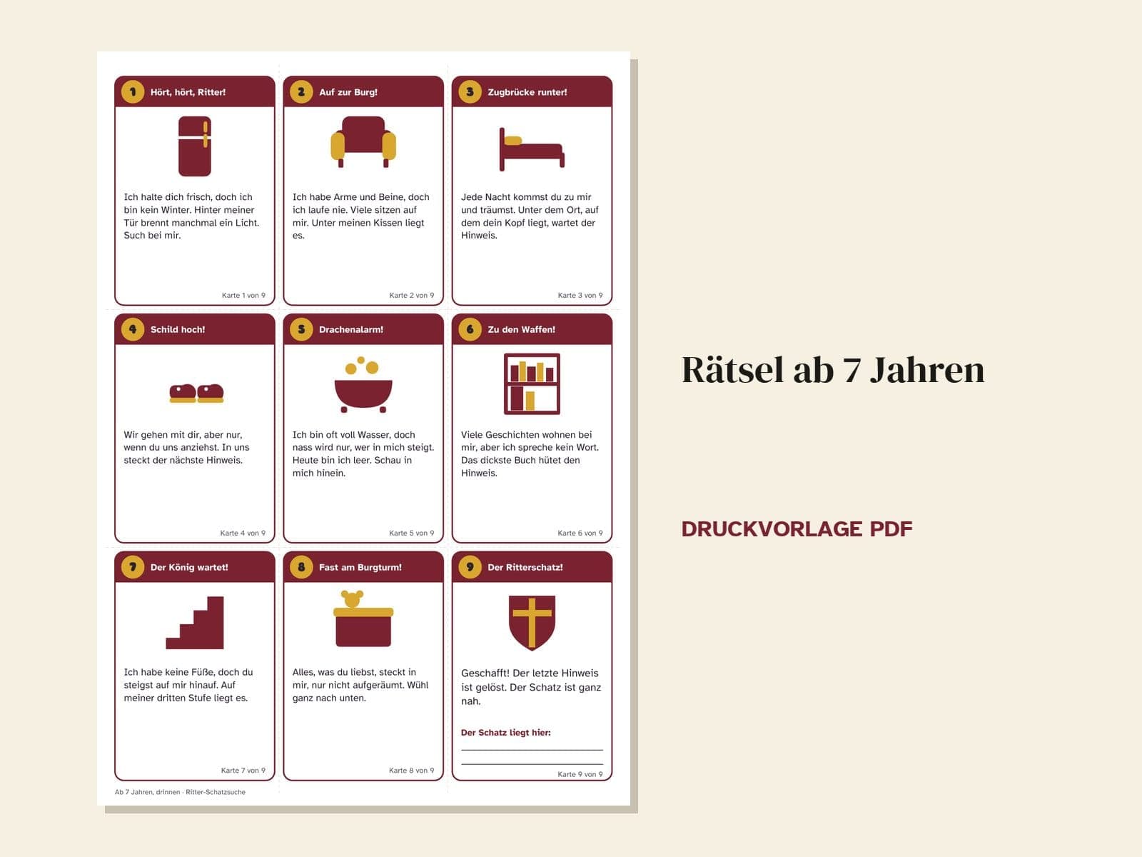 Een pagina uit de pdf: Schattenjacht voor een kinderfeestje, thema ridder: 36 aanwijzingen, schatkaart en oorkonde