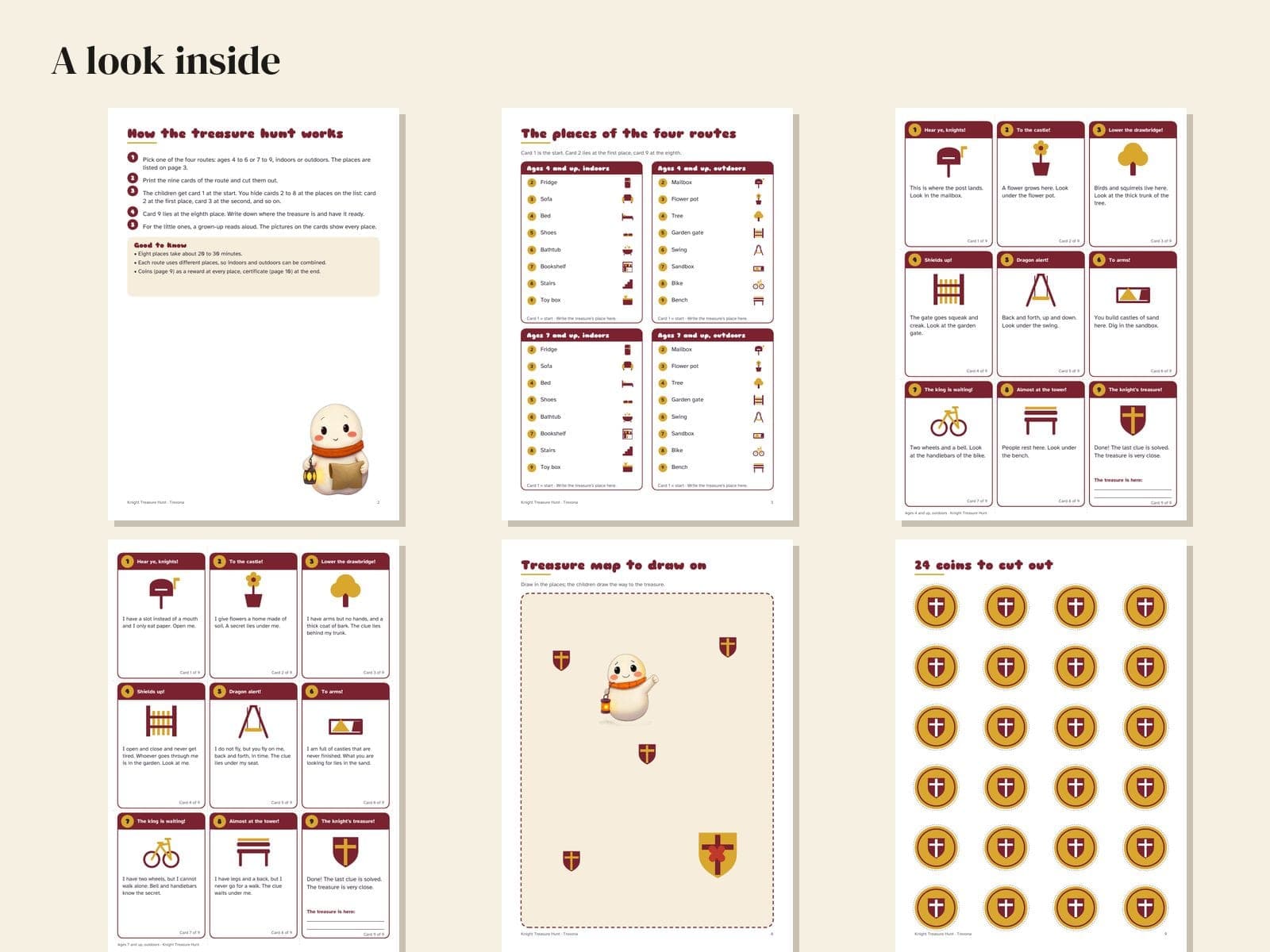 Seiten aus der PDF-Datei: Schatzsuche zum Kindergeburtstag, Thema Ritter: 36 Hinweiskarten, Schatzkarte und Urkunde