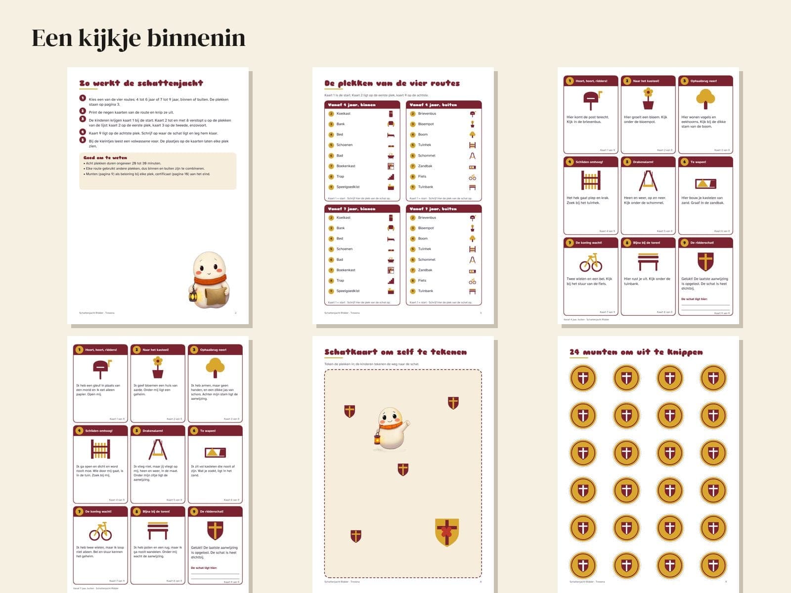 Seiten aus der PDF-Datei: Schatzsuche zum Kindergeburtstag, Thema Ritter: 36 Hinweiskarten, Schatzkarte und Urkunde
