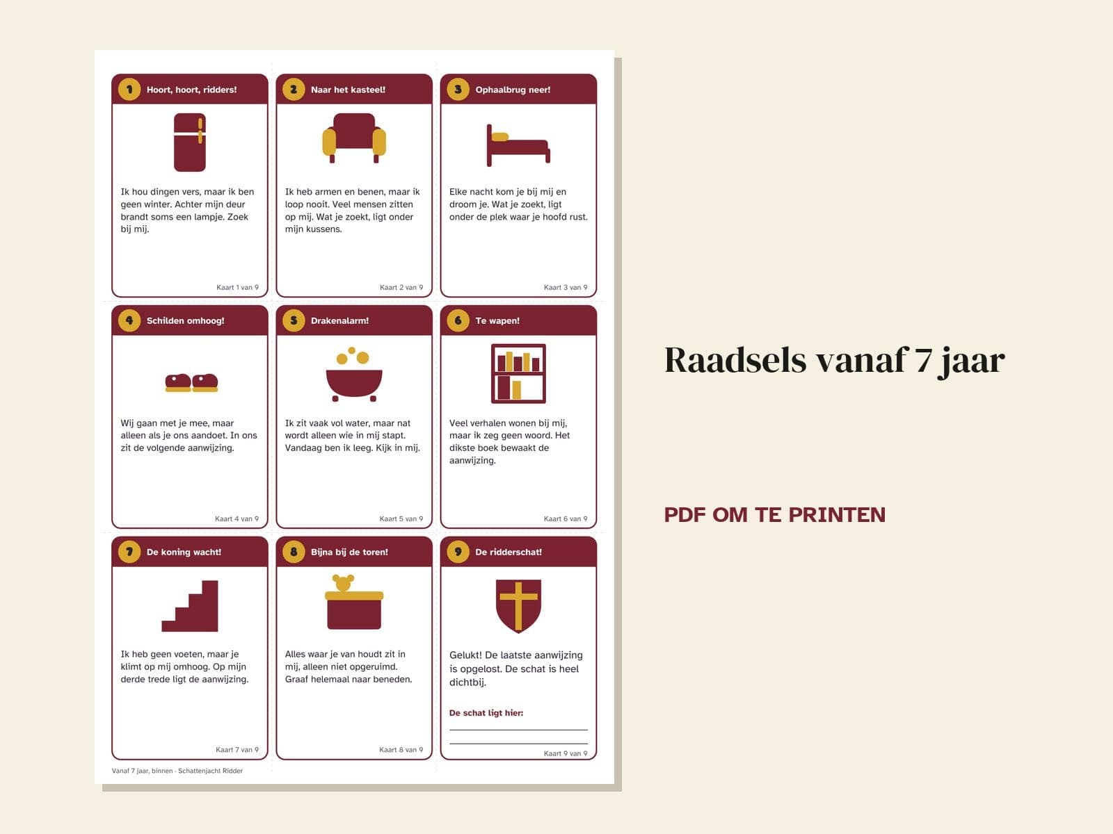 Eine Seite aus der PDF-Datei: Schatzsuche zum Kindergeburtstag, Thema Ritter: 36 Hinweiskarten, Schatzkarte und Urkunde