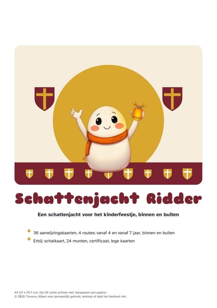Titelseite der PDF-Datei: Schatzsuche zum Kindergeburtstag, Thema Ritter: 36 Hinweiskarten, Schatzkarte und Urkunde