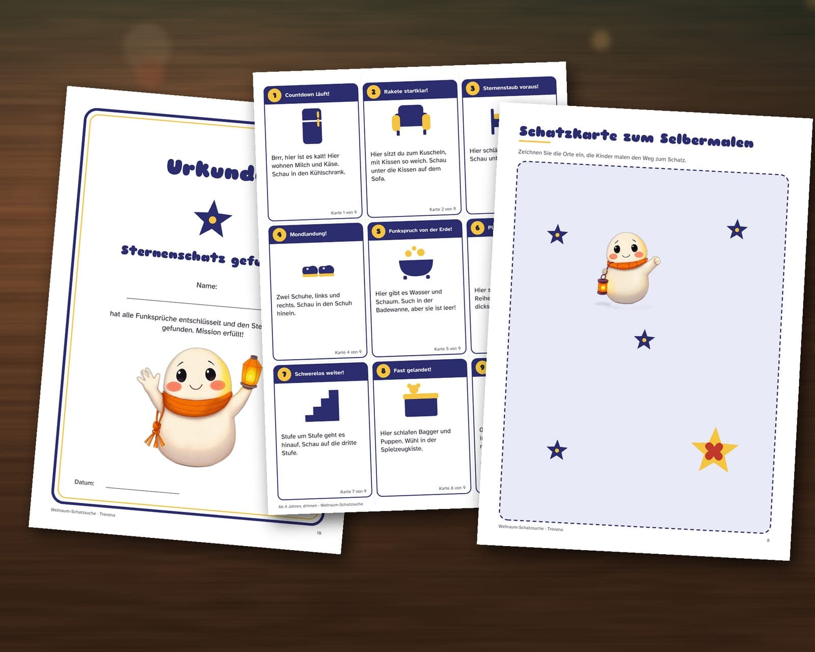 Eine Seite aus der PDF-Datei: Schatzsuche zum Kindergeburtstag, Thema Weltraum: 36 Hinweiskarten, Schatzkarte und Urkunde