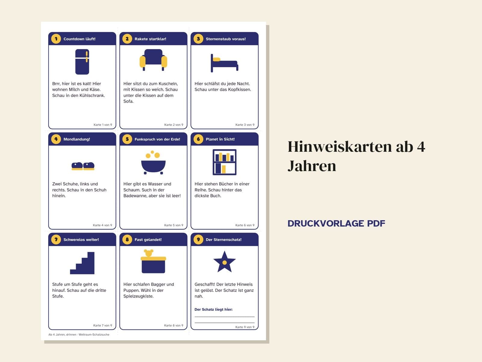Eine Seite aus der PDF-Datei: Schatzsuche zum Kindergeburtstag, Thema Weltraum: 36 Hinweiskarten, Schatzkarte und Urkunde