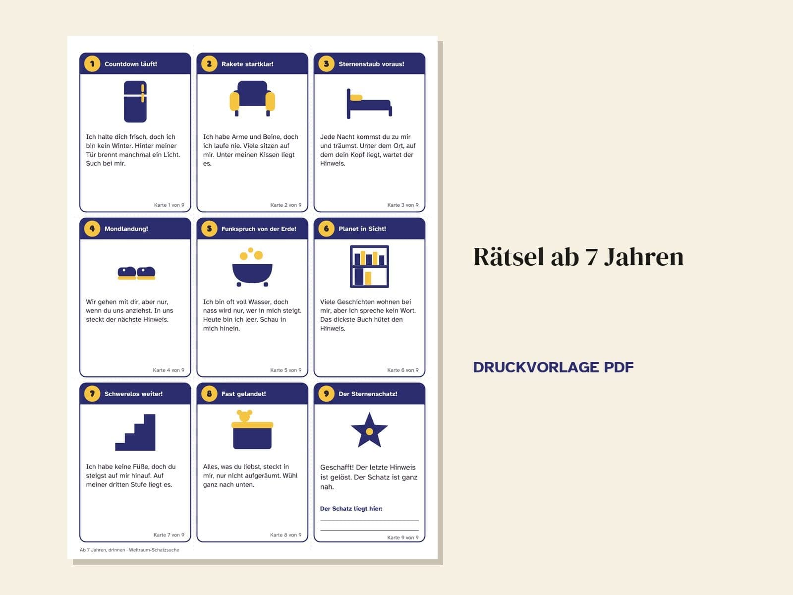 Eine Seite aus der PDF-Datei: Schatzsuche zum Kindergeburtstag, Thema Weltraum: 36 Hinweiskarten, Schatzkarte und Urkunde
