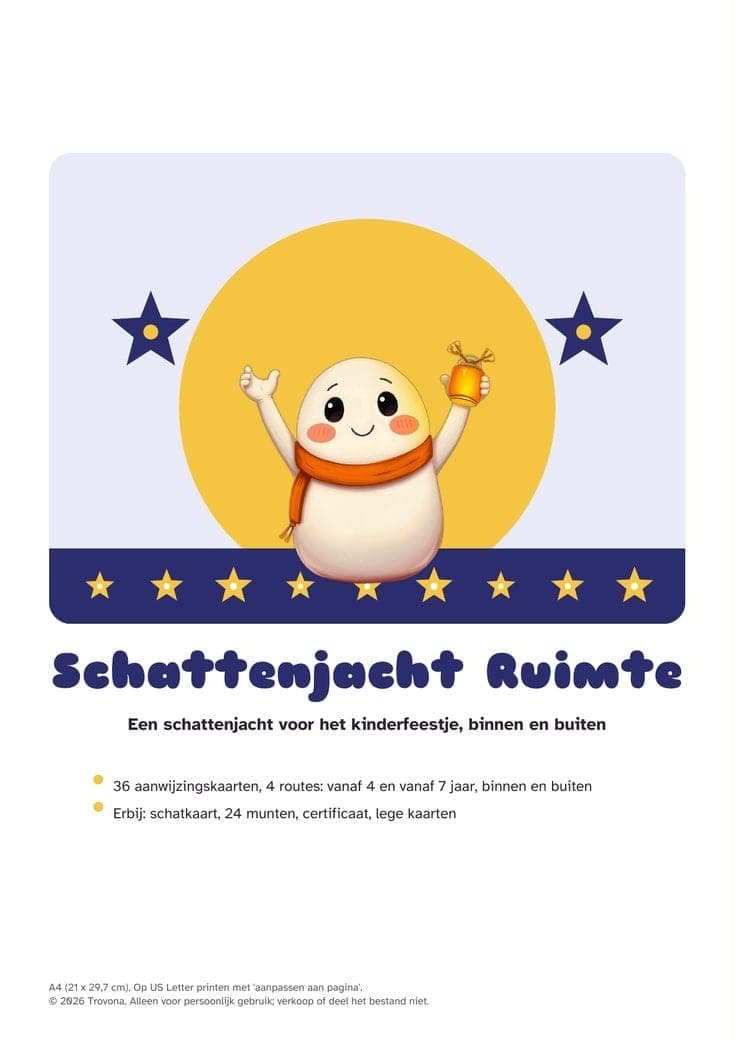 Omslag van de pdf: Schattenjacht voor een kinderfeestje, thema ruimte: 36 aanwijzingen, schatkaart en oorkonde