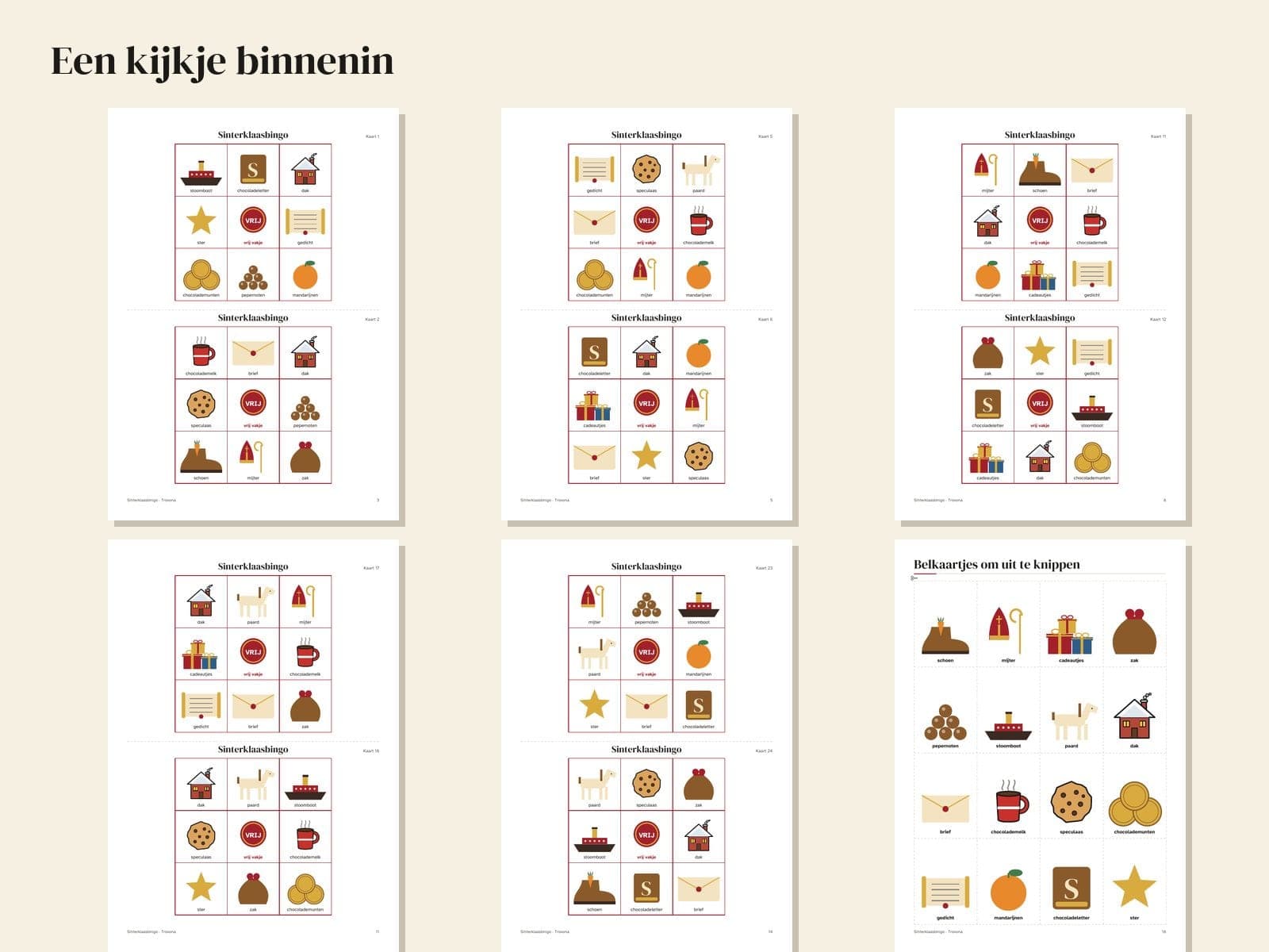 Seiten aus der PDF-Datei: Sinterklaas-Bildbingo: 30 verschiedene Karten und Ziehkarten