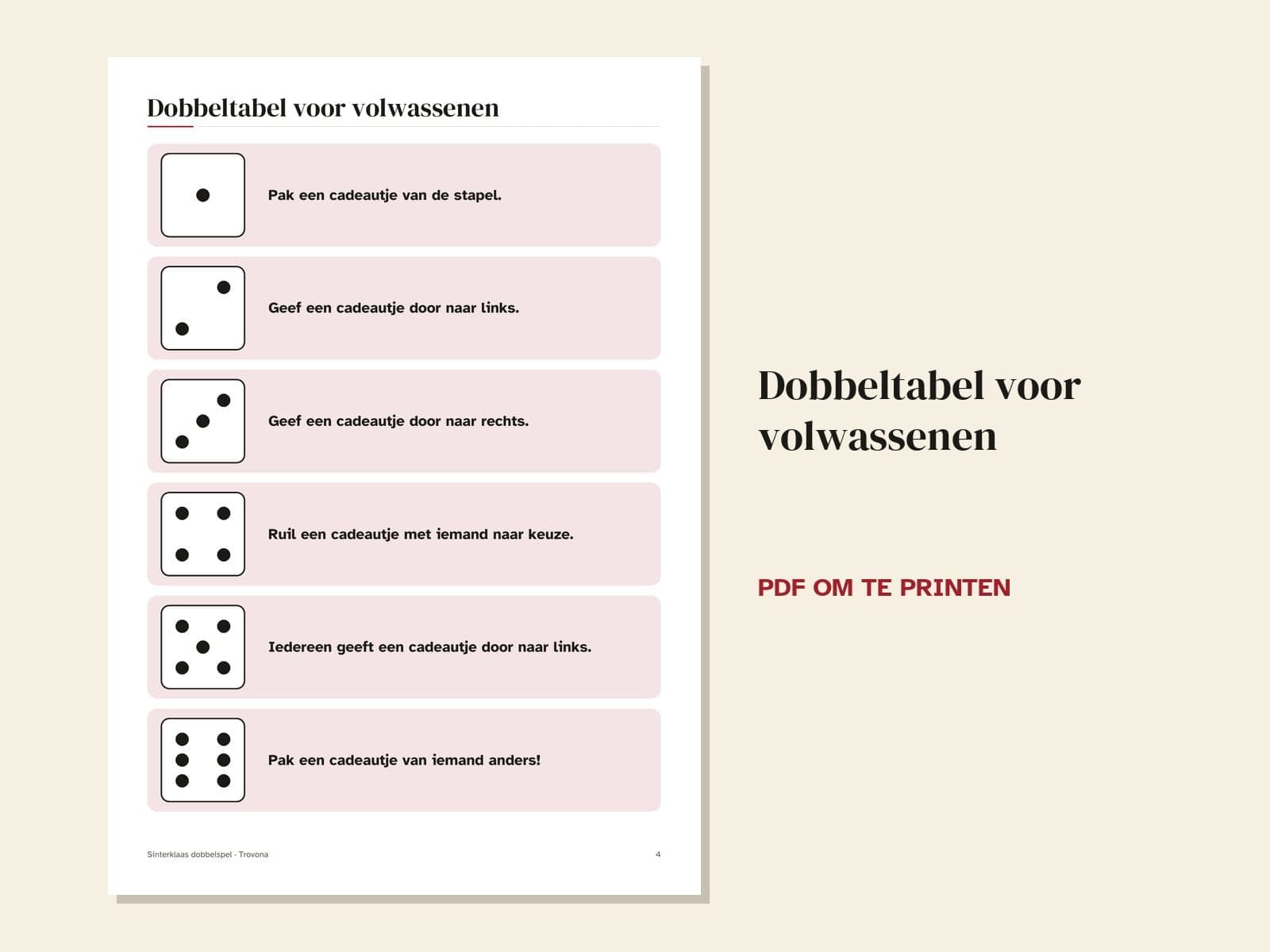 Eine Seite aus der PDF-Datei: Sinterklaas-Würfelspiel: Regeln und Würfeltabellen für Kinder und Erwachsene