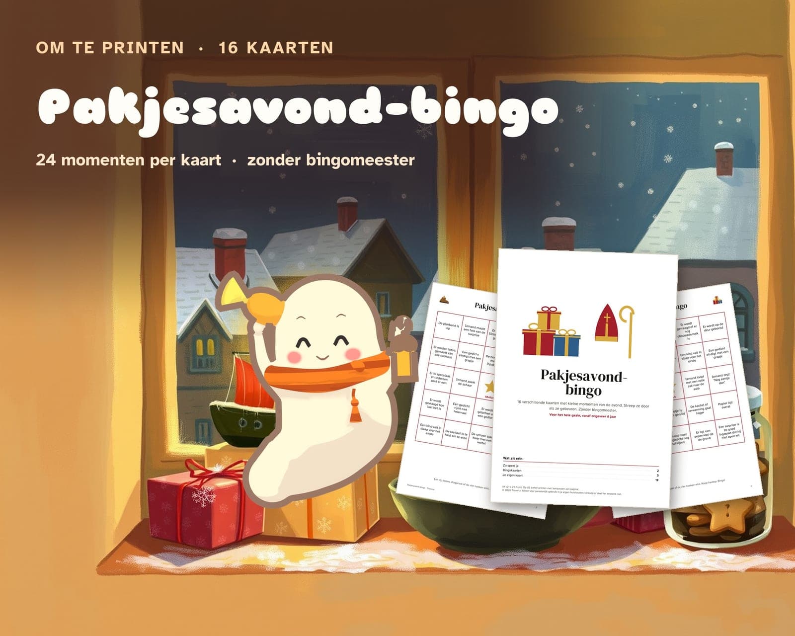 Titelseite der PDF-Datei: Pakjesavond-Bingo für die ganze Familie: 16 Karten mit Momenten