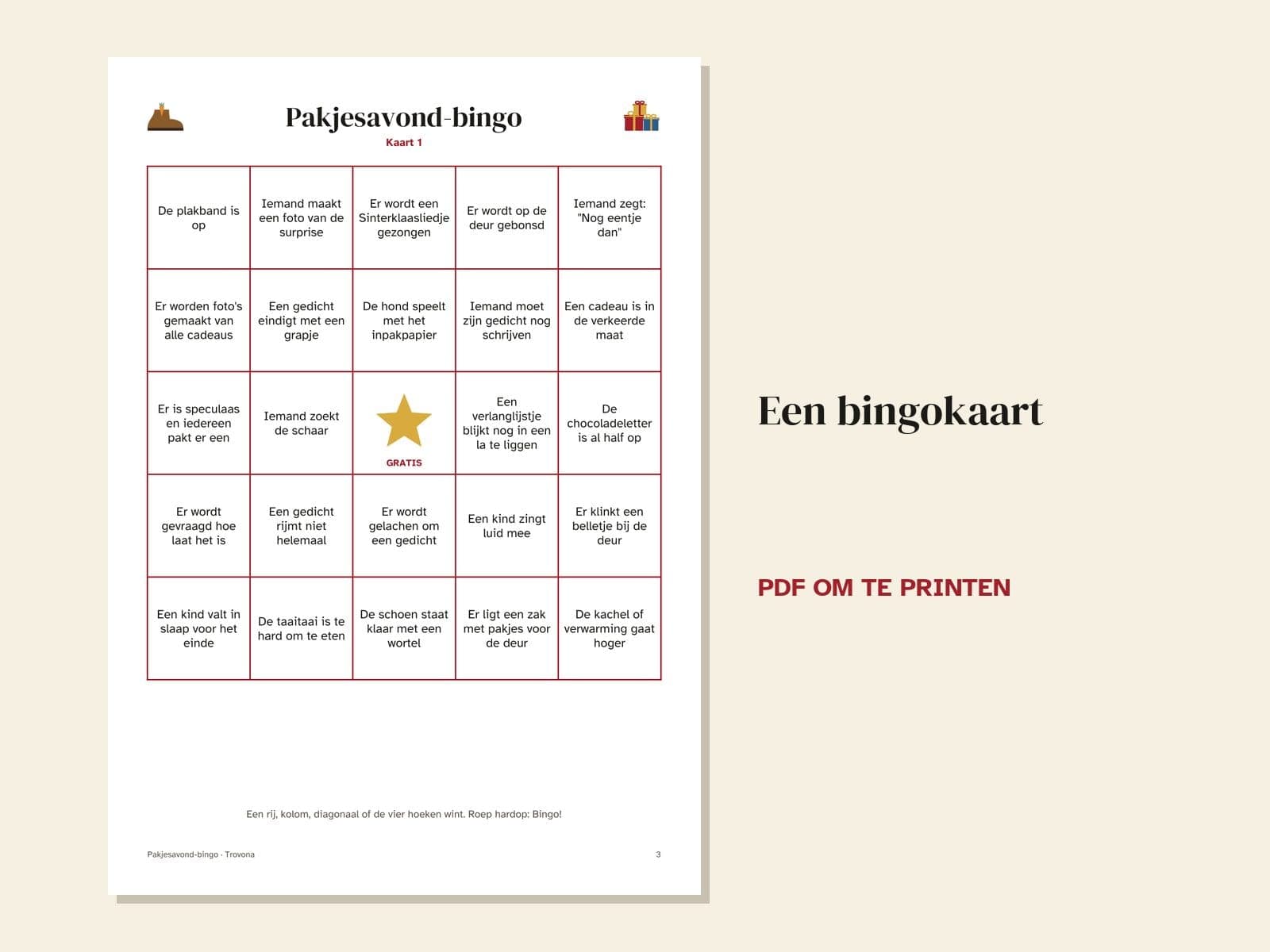 Eine Seite aus der PDF-Datei: Pakjesavond-Bingo für die ganze Familie: 16 Karten mit Momenten
