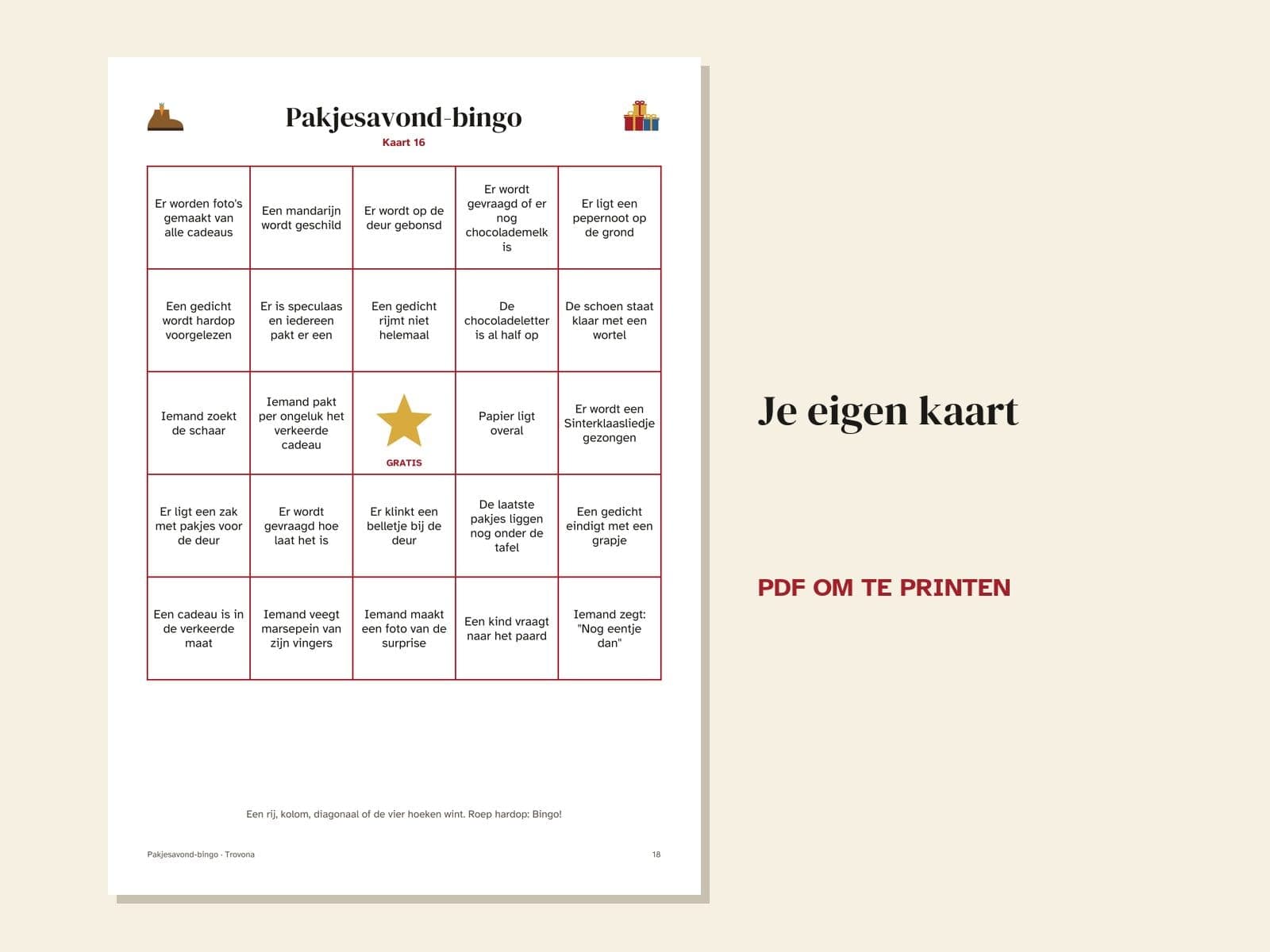 Eine Seite aus der PDF-Datei: Pakjesavond-Bingo für die ganze Familie: 16 Karten mit Momenten