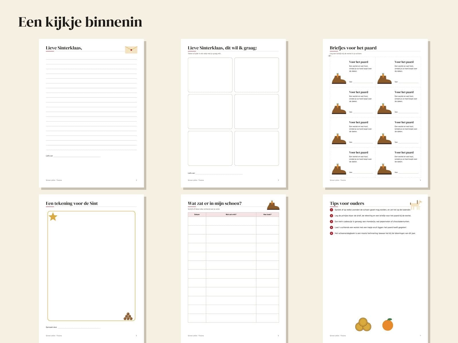Seiten aus der PDF-Datei: Sinterklaas Schuh-Abend: Brief, Pferdezettel und Schuh-Tagebuch