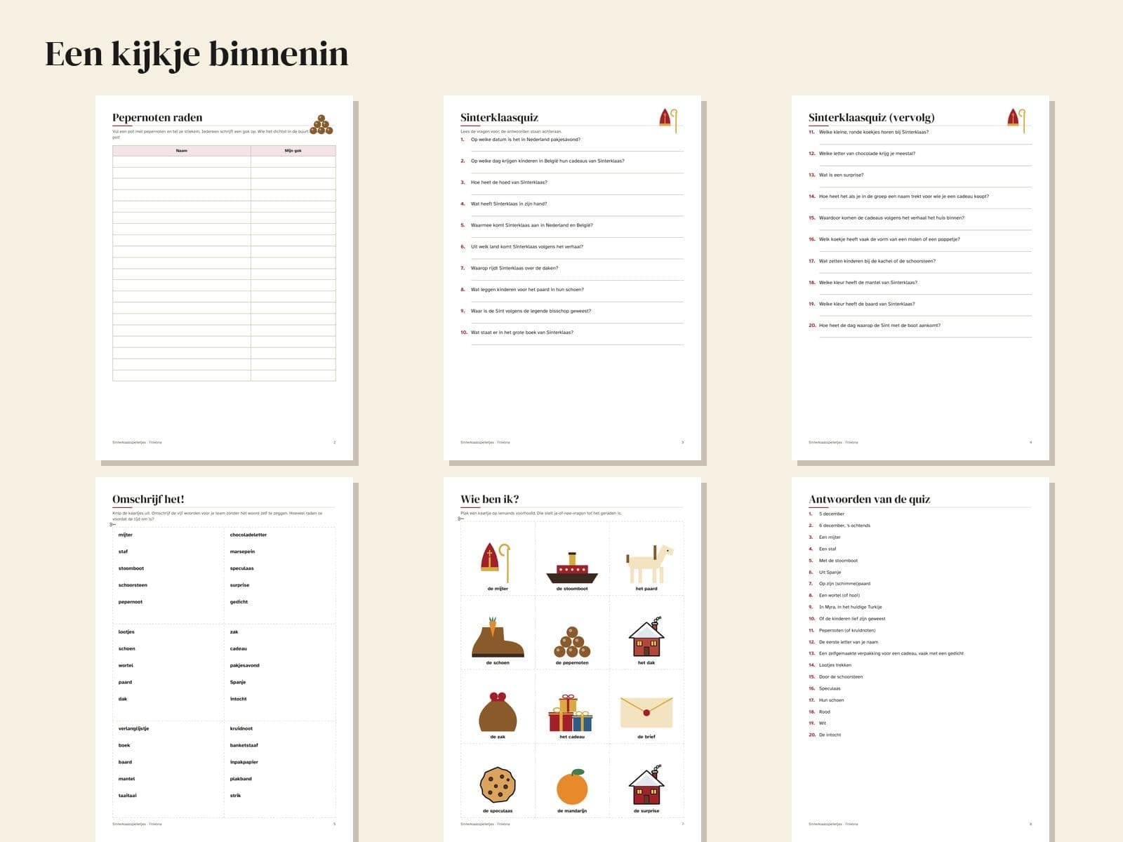 Seiten aus der PDF-Datei: Sinterklaas-Partyspiele: Quiz, Pepernoten raten, Umschreiben und Wer bin ich