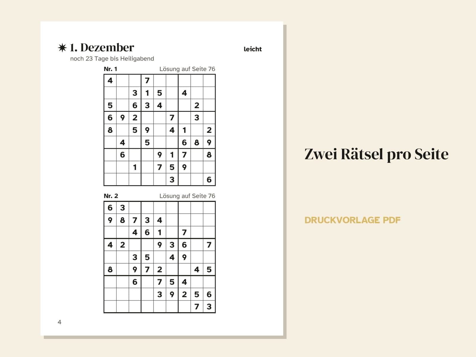 Eine Seite aus dem Heft: 1. Dezember, zwei leichte Sudoku