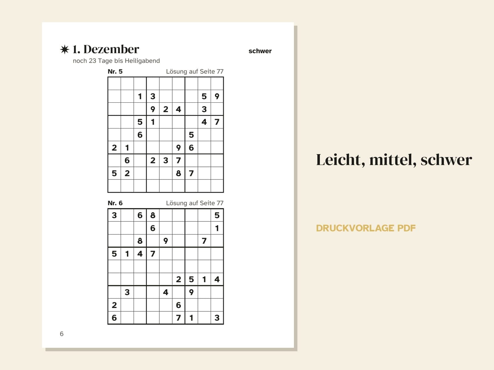 Eine Seite aus dem Heft: 1. Dezember, zwei schwere Sudoku