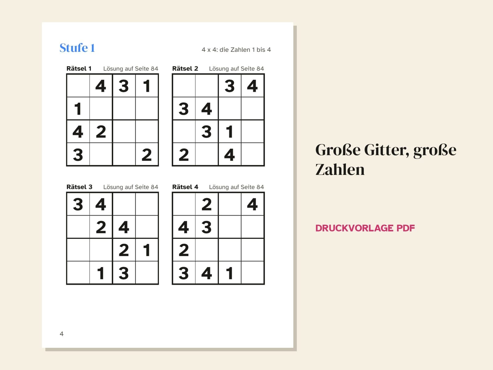 Eine Seite aus dem Heft: Stufe 1, vier Sudoku in 4 x 4