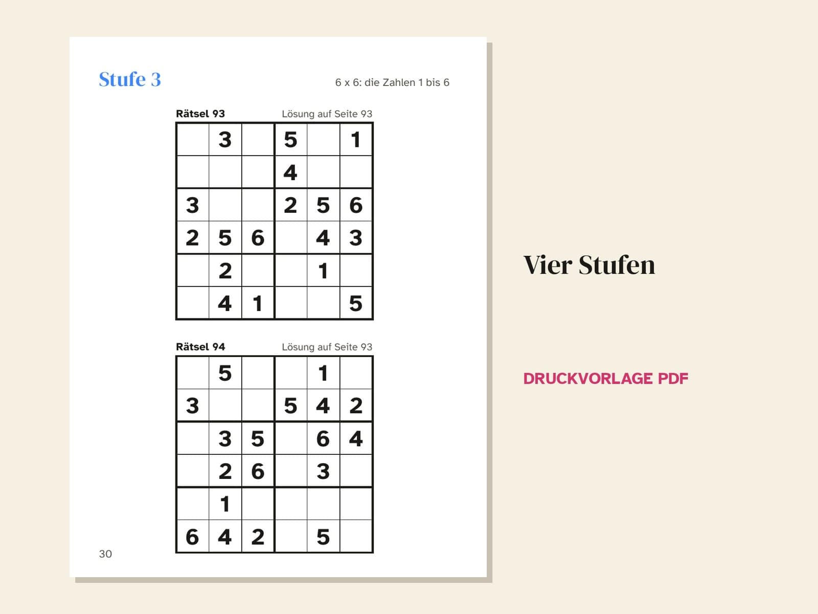 Eine Seite aus dem Heft: Stufe 3, zwei Sudoku in 6 x 6