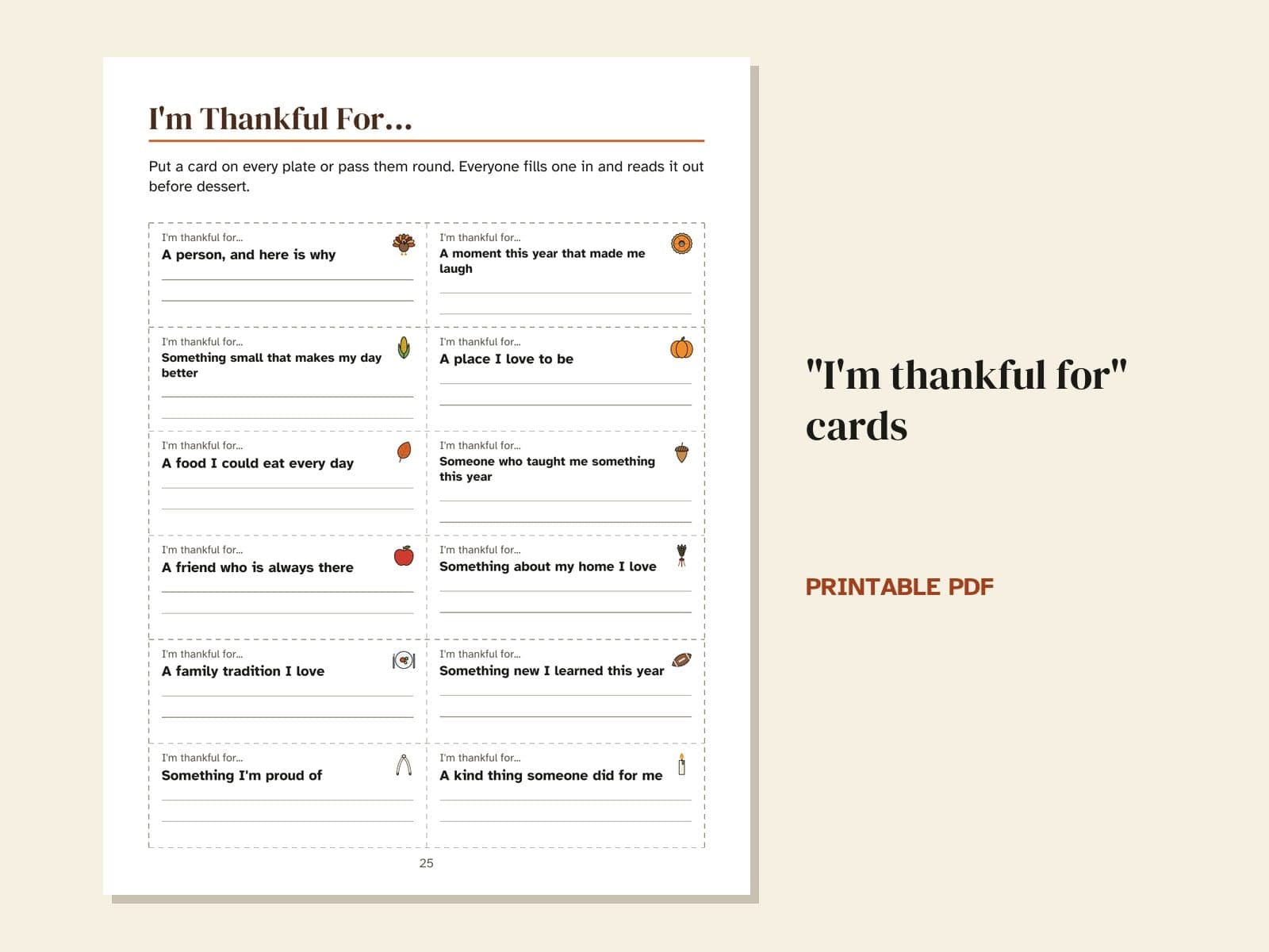 A page from the book: "I'm thankful for" cards