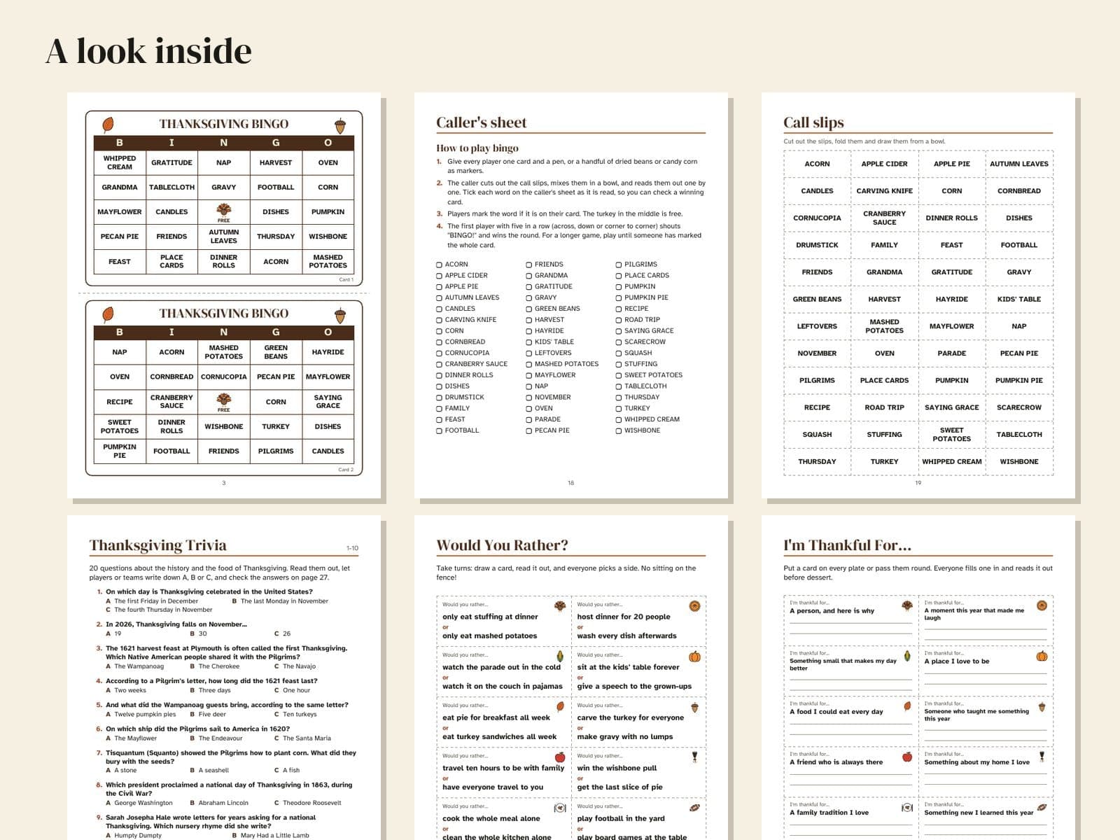 Six pages from inside the book, shown small