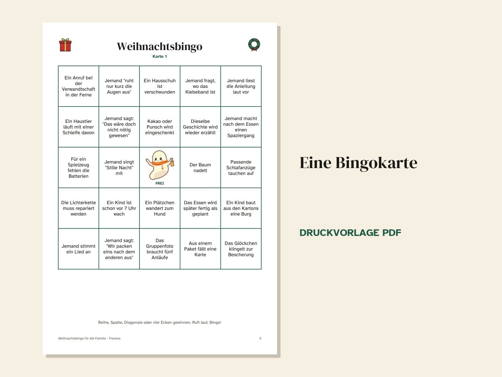 Eine Seite aus der PDF-Datei: Weihnachtsbingo für die Familie: 16 Karten mit Familienmomenten