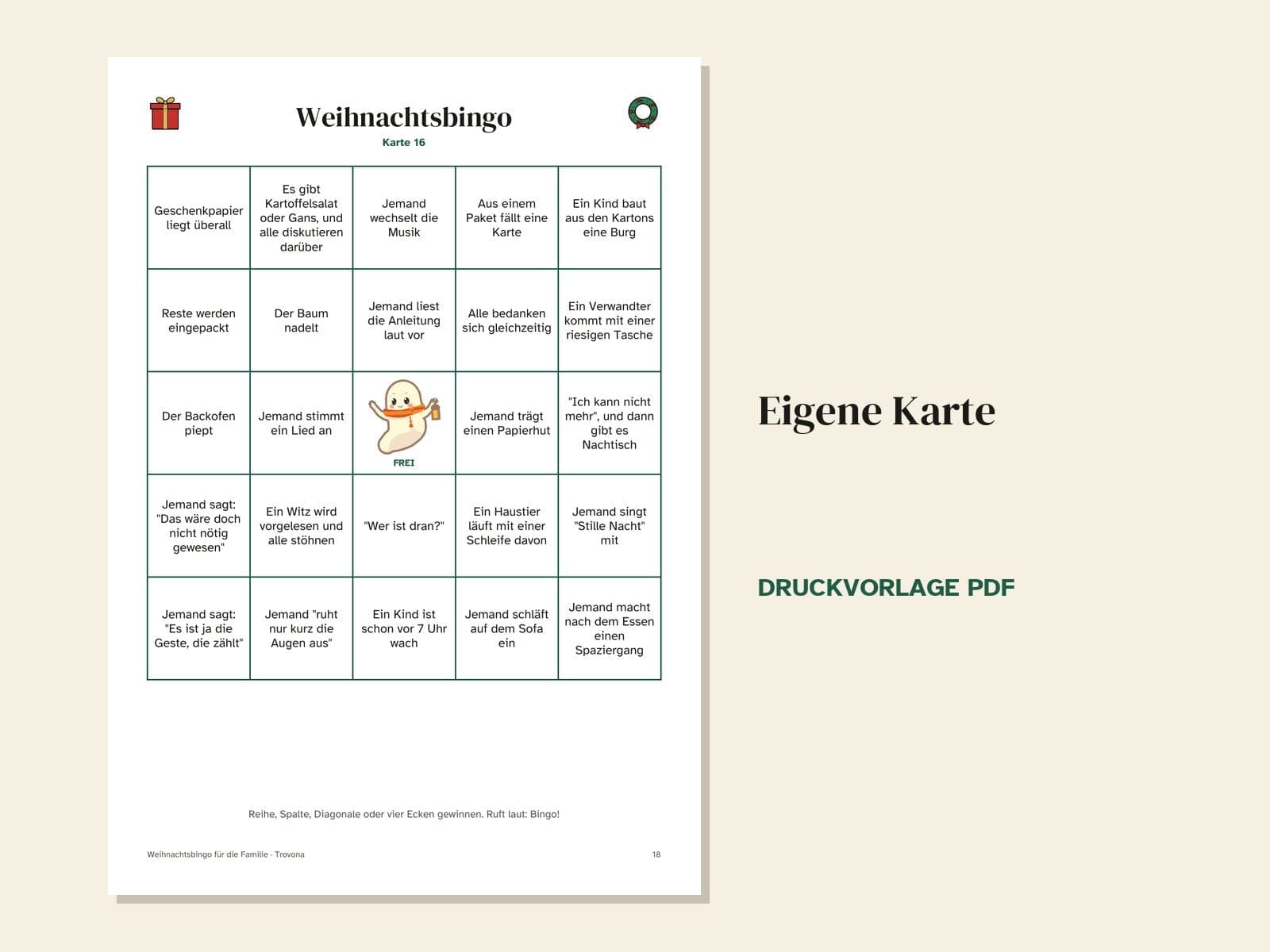 Eine Seite aus der PDF-Datei: Weihnachtsbingo für die Familie: 16 Karten mit Familienmomenten