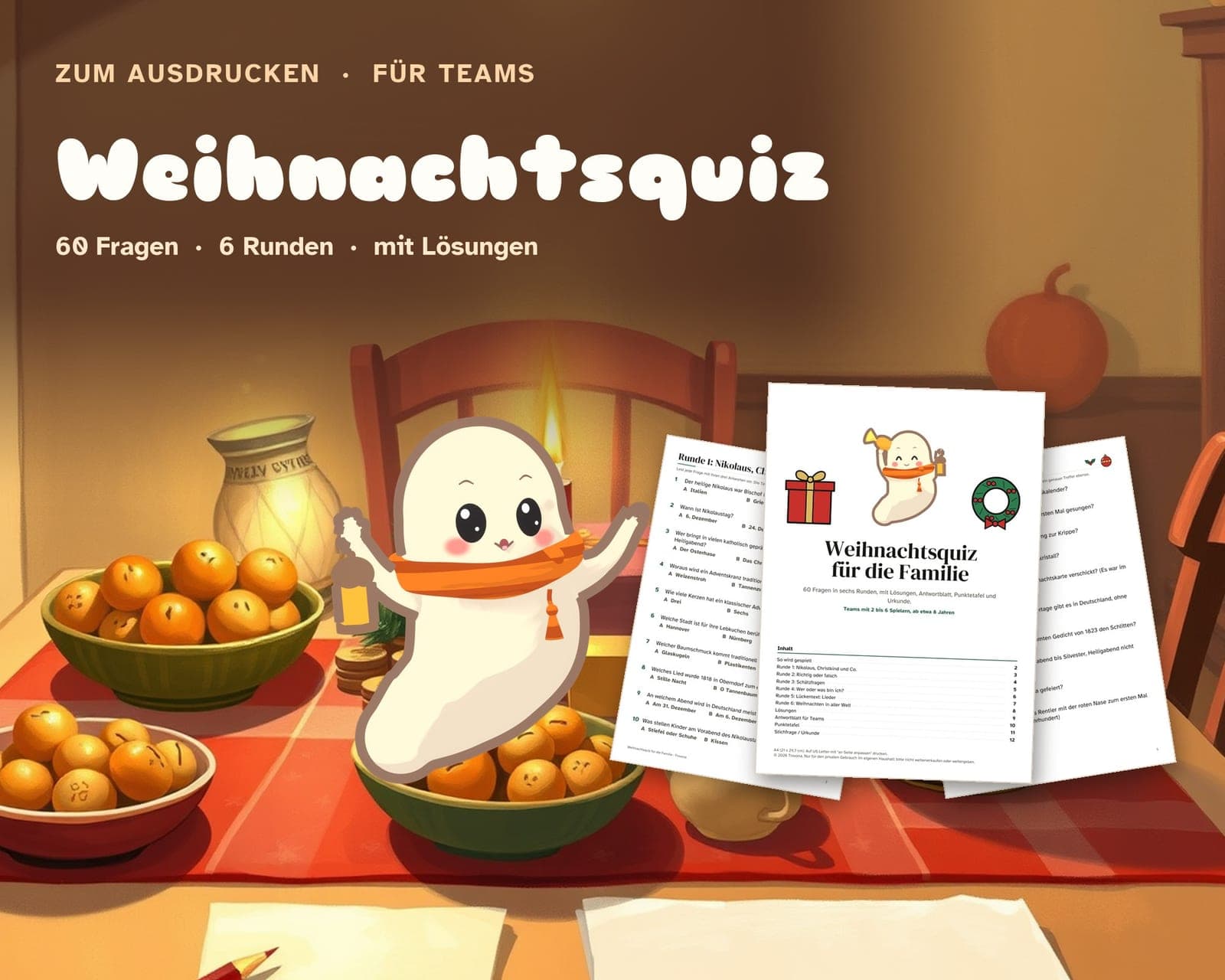 Titelseite der PDF-Datei: Weihnachtsquiz für die Familie: 60 Fragen in 6 Runden