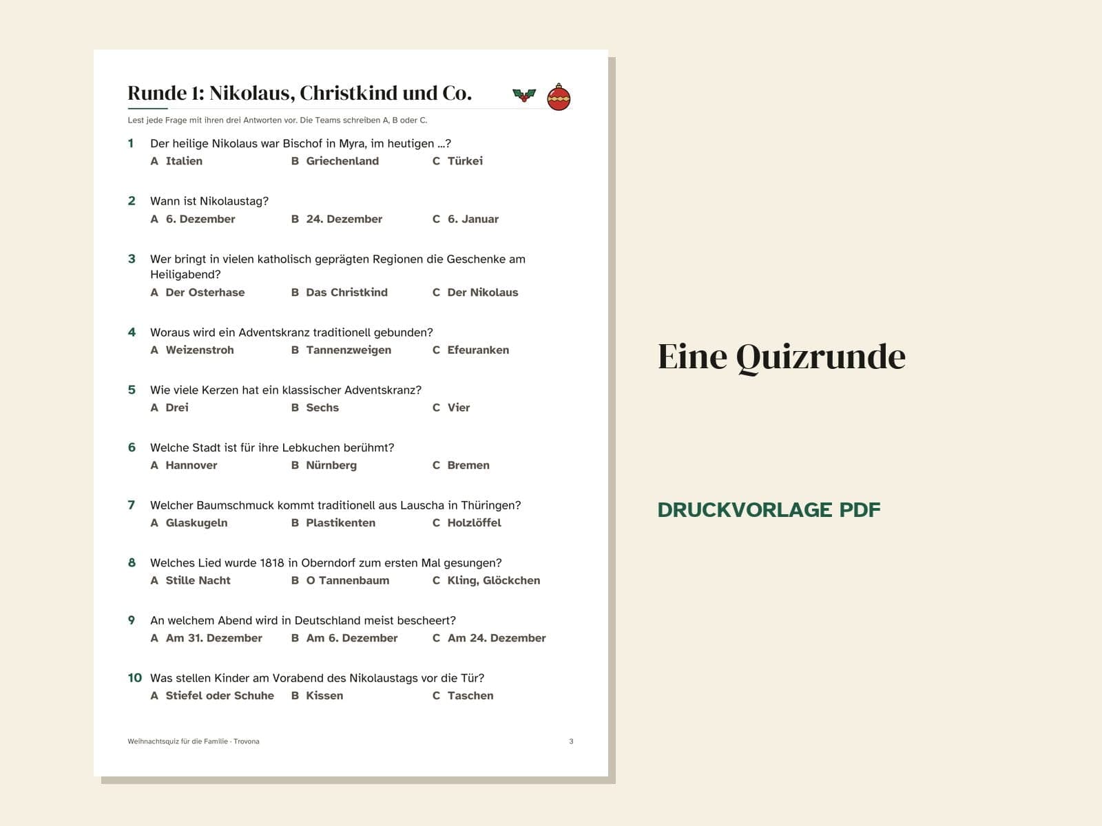 Eine Seite aus der PDF-Datei: Weihnachtsquiz für die Familie: 60 Fragen in 6 Runden