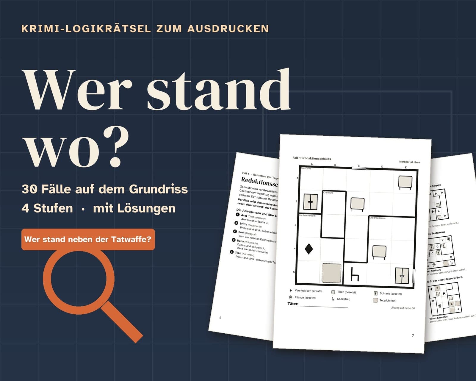 Couverture du PDF : Énigmes logiques policières "Wer stand wo ?" : 30 affaires sur plan