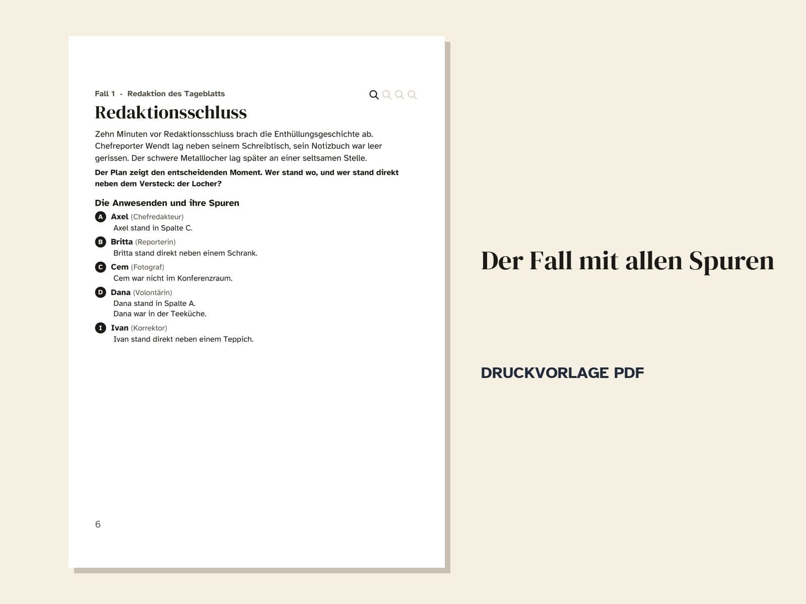 Une page du PDF : Énigmes logiques policières "Wer stand wo ?" : 30 affaires sur plan