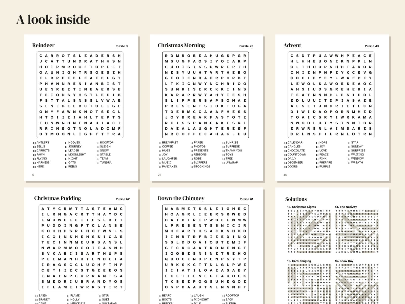 Six pages from inside the book, shown small