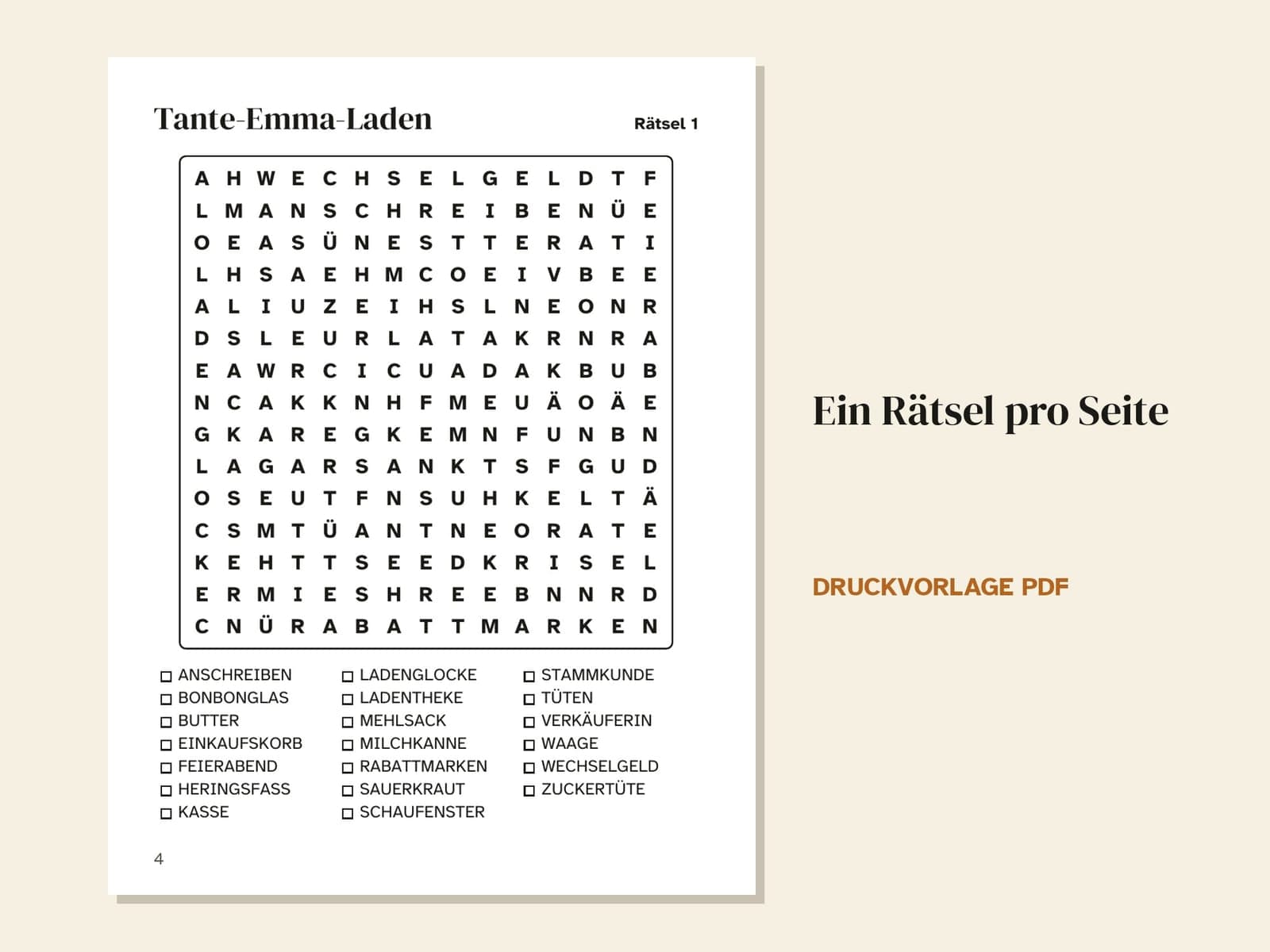 Une page du livre : grille 1, Tante-Emma-Laden (l'épicerie du coin)